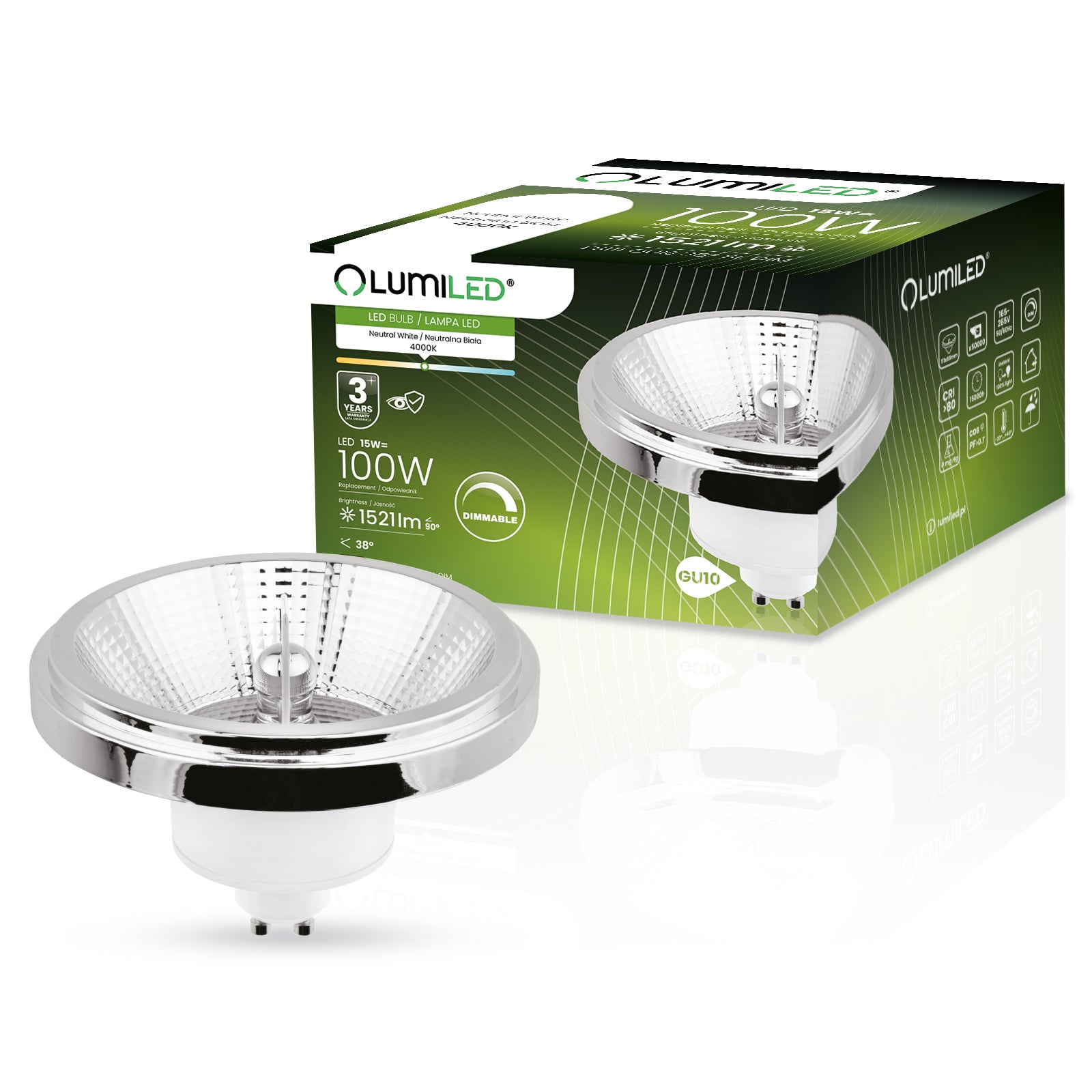 Żarówka LED Lumiled GU10 Reflektor ES111 15W 1521lm 4000K Neutralna biel 24st Ściemnialna Srebrna 1 szt.