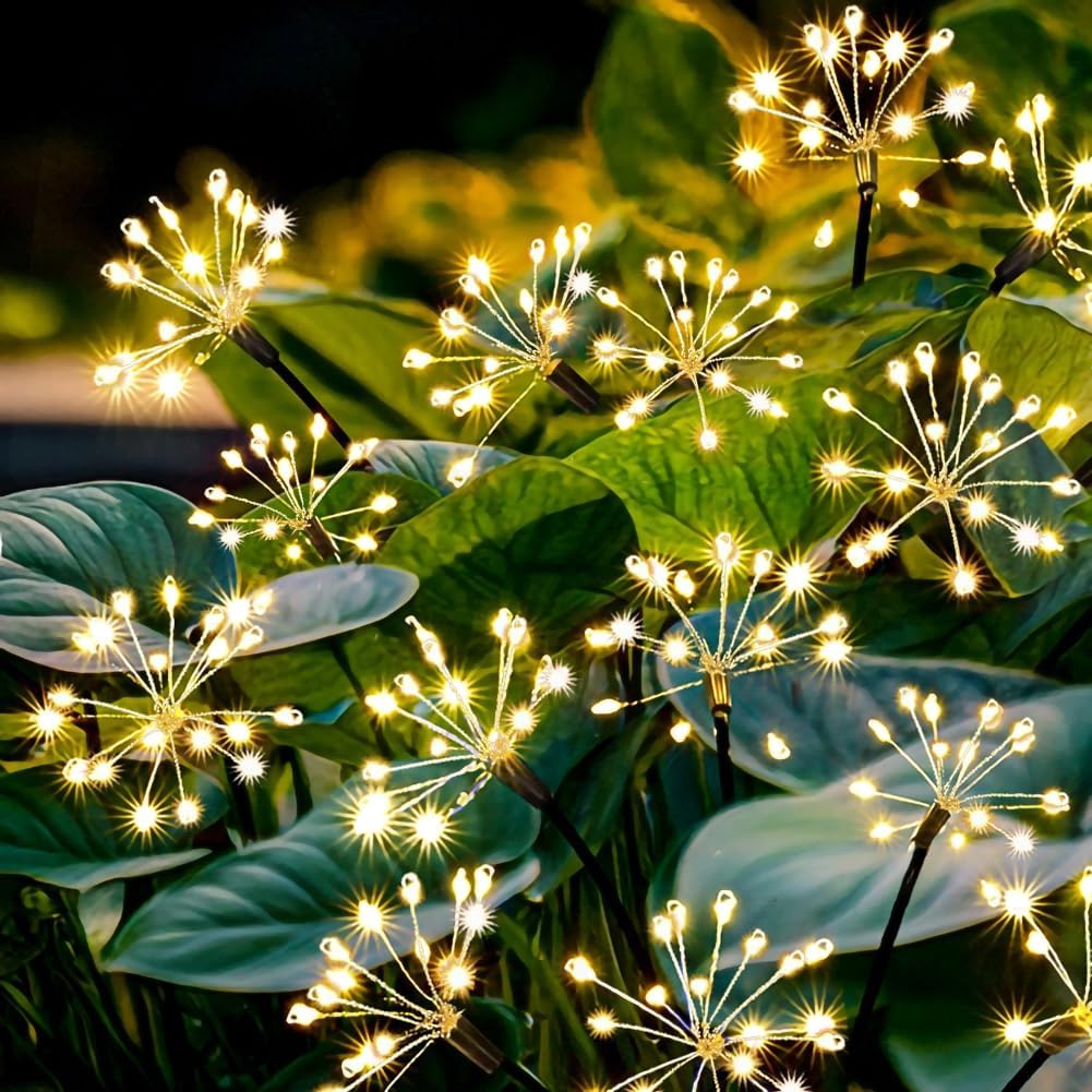 2-częściowe zewnętrzne lampy solarne do ogrodu, 120 diod LED, 8 trybów oświetlenia, wodoodporne lampy solarne Firefly