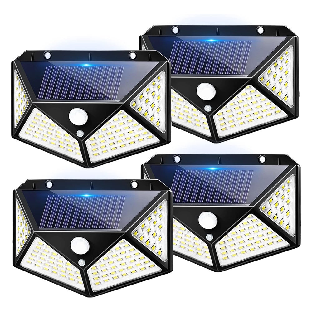 4 sztuki, 100 zewnętrznych lamp solarnych LED, 3 tryby, reflektor ogrodowy z czujnikiem ruchu