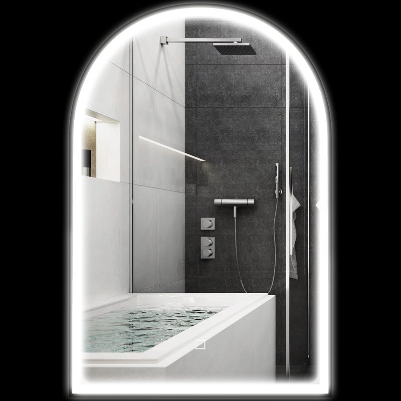 Lustro łazienkowe LED, 90 x 60 cm, montowane na ścianie, 3 kolory, łukowata aluminiowa rama, funkcja odmgławiania i włącznik dotykowy