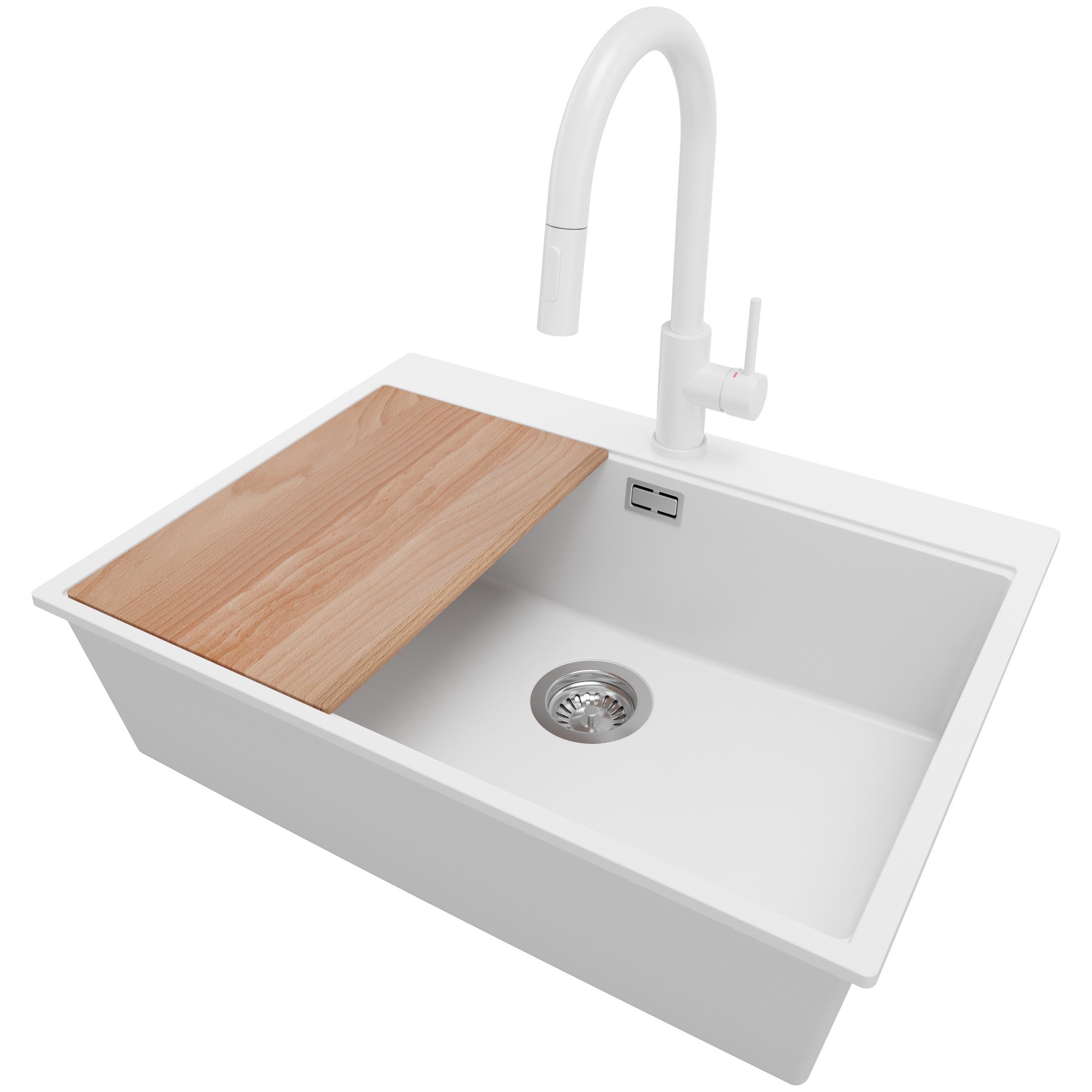 Zlewozmywak Granitowy Biały 68x50cm, Zlew Kuchenny 1 Komorowy + Bateria 40x20cm + Syfon + Deska, Nablatowy do szafki od 70cm - Oslo PRIMAGRAN