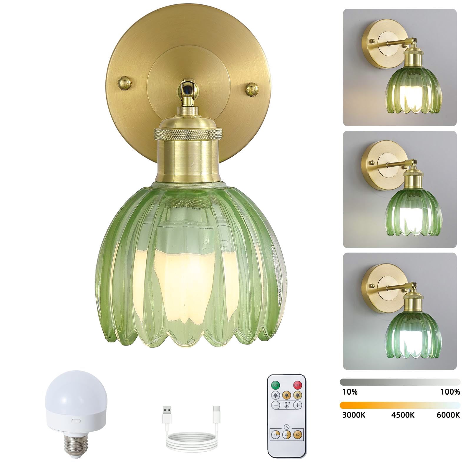 Akumulatorowa lampa ścienna LED z pilotem, bezprzewodowa lampka nocna, ściemniana, 3 temperatury barwowe 3000K-6000K, z żarówką