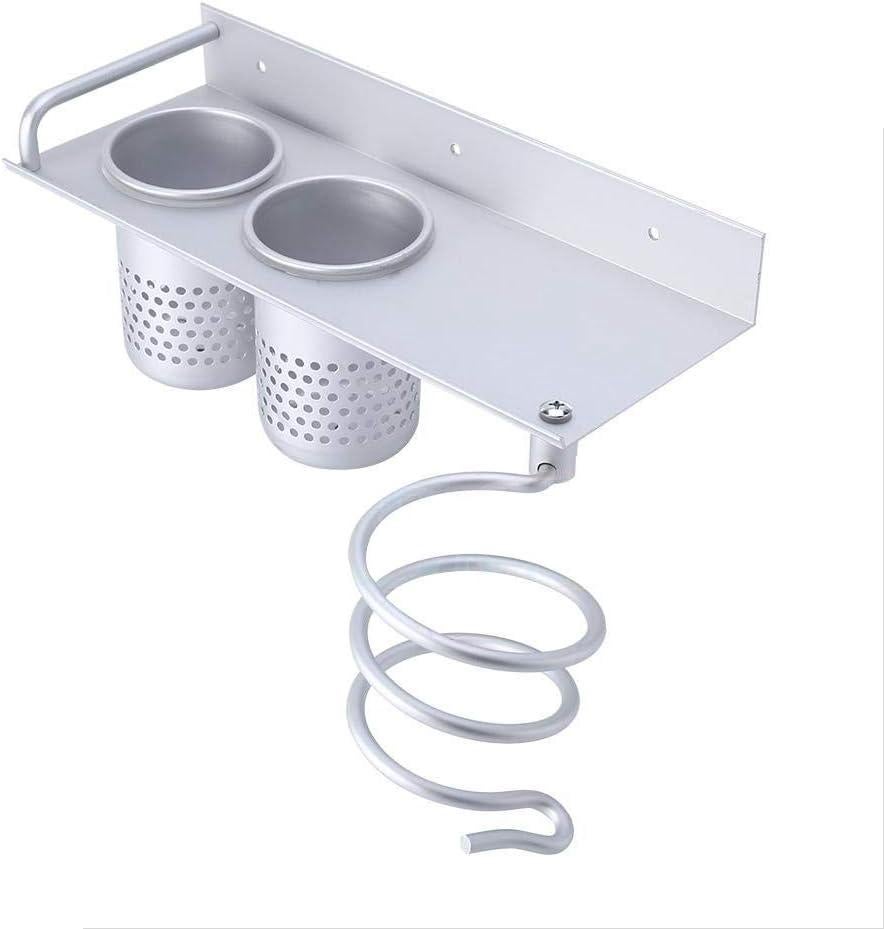 Uchwyt ścienny na suszarkę do włosów, wielofunkcyjny aluminiowy z 2 kubkami, uchwyt na prostownicę, srebrny, 29 x 12 x 10 cm, w zestawie śruby.
