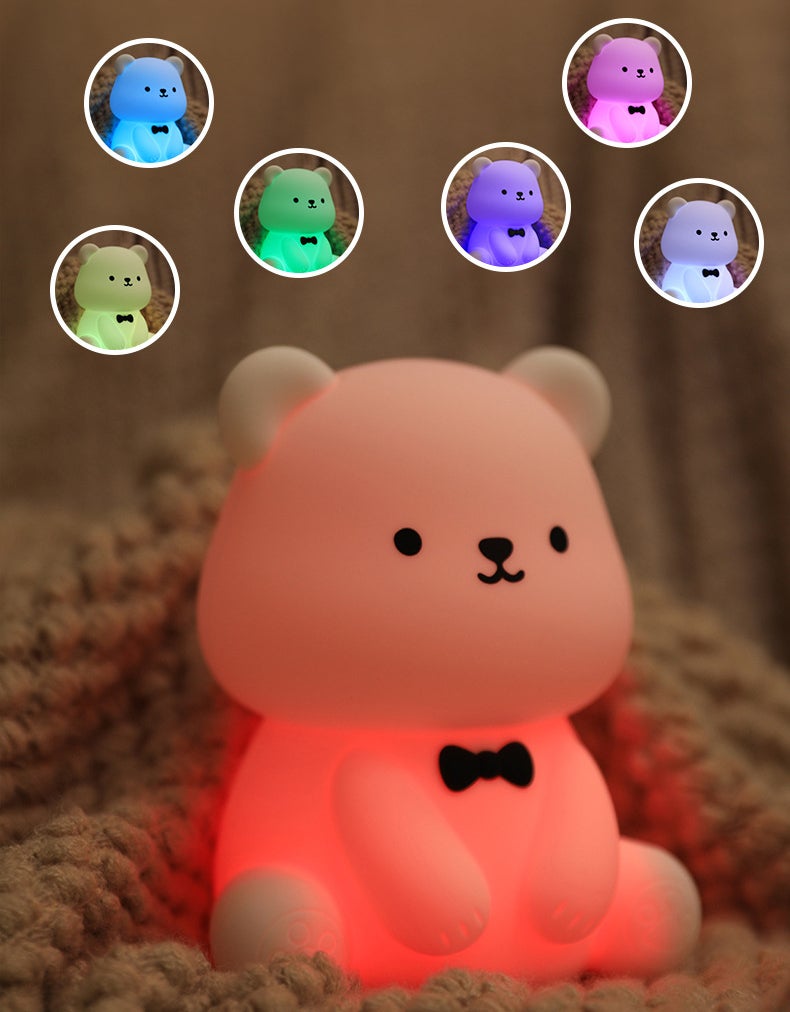 Lampka nocna dla dzieci w kształcie misia, silikonowa lampa o ciepłym świetle, ściemnialna i 7 kolorach, akumulator 1200 mAh, timer, lampka nocna klas