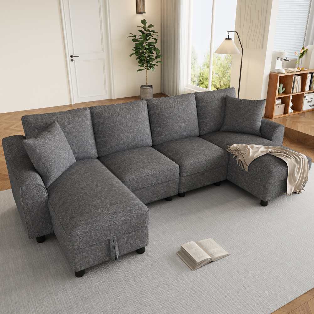Nowoczesna modułowa sofa z tkaniny szenilowej w kształcie litery U z podwójnym szezlongiem i wbudowaną przestrzenią do przechowywania, 280 cm