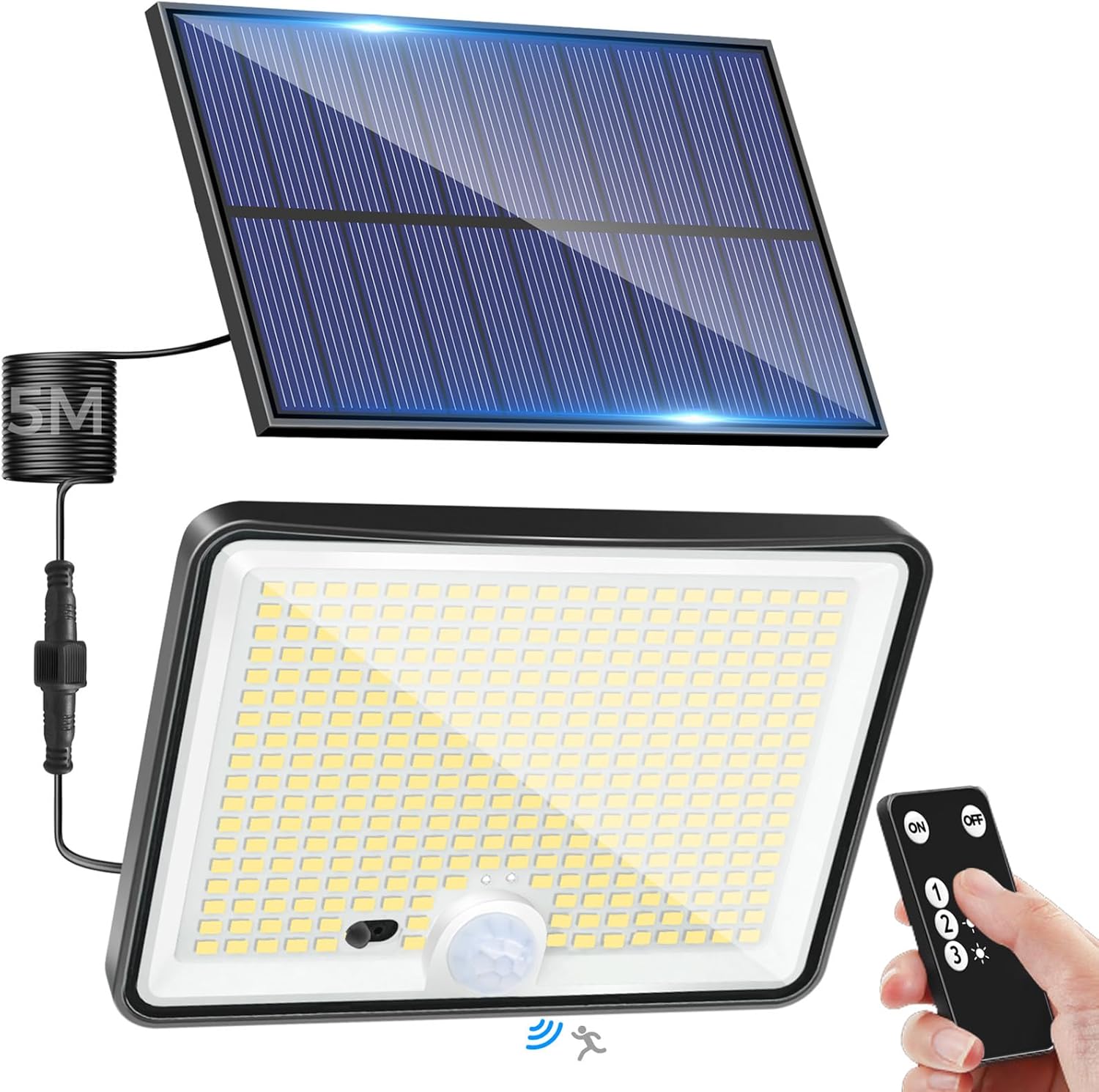 Zewnętrzna lampa solarna z czujnikiem ruchu i pilotem, 342 diody LED, wodoodporna lampa solarna IP65, 3 tryby oświetlenia solarnego