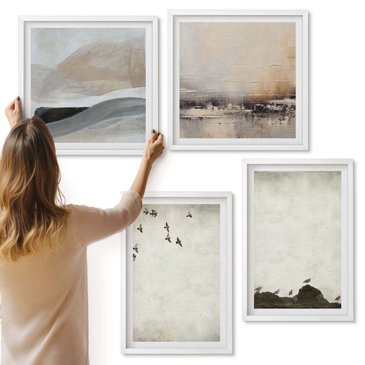 Galeria ścienna 4-częściowy komplet obrazów w białych ramach - Ptaki skały i ślady pędzla minimalistyczne dekoracje - ArtPrintCave