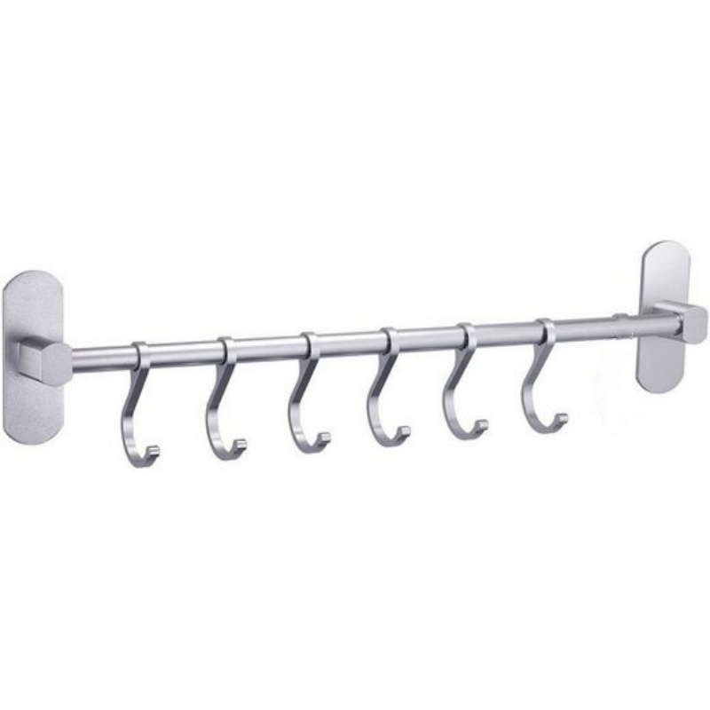 Przestronny aluminiowy wieszak na ręczniki bez otworów w kolorze srebrnym, z 6 haczykami, 41,8*8,5*3,4 cm, do łazienki, sypialni i garderoby