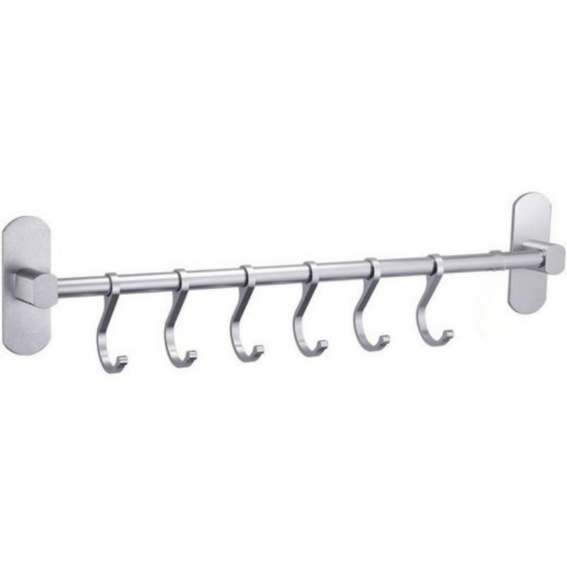 Przestronny aluminiowy wieszak na ręczniki bez otworów w kolorze srebrnym, z 6 haczykami, 41,8*8,5*3,4 cm, do łazienki, sypialni i garderoby