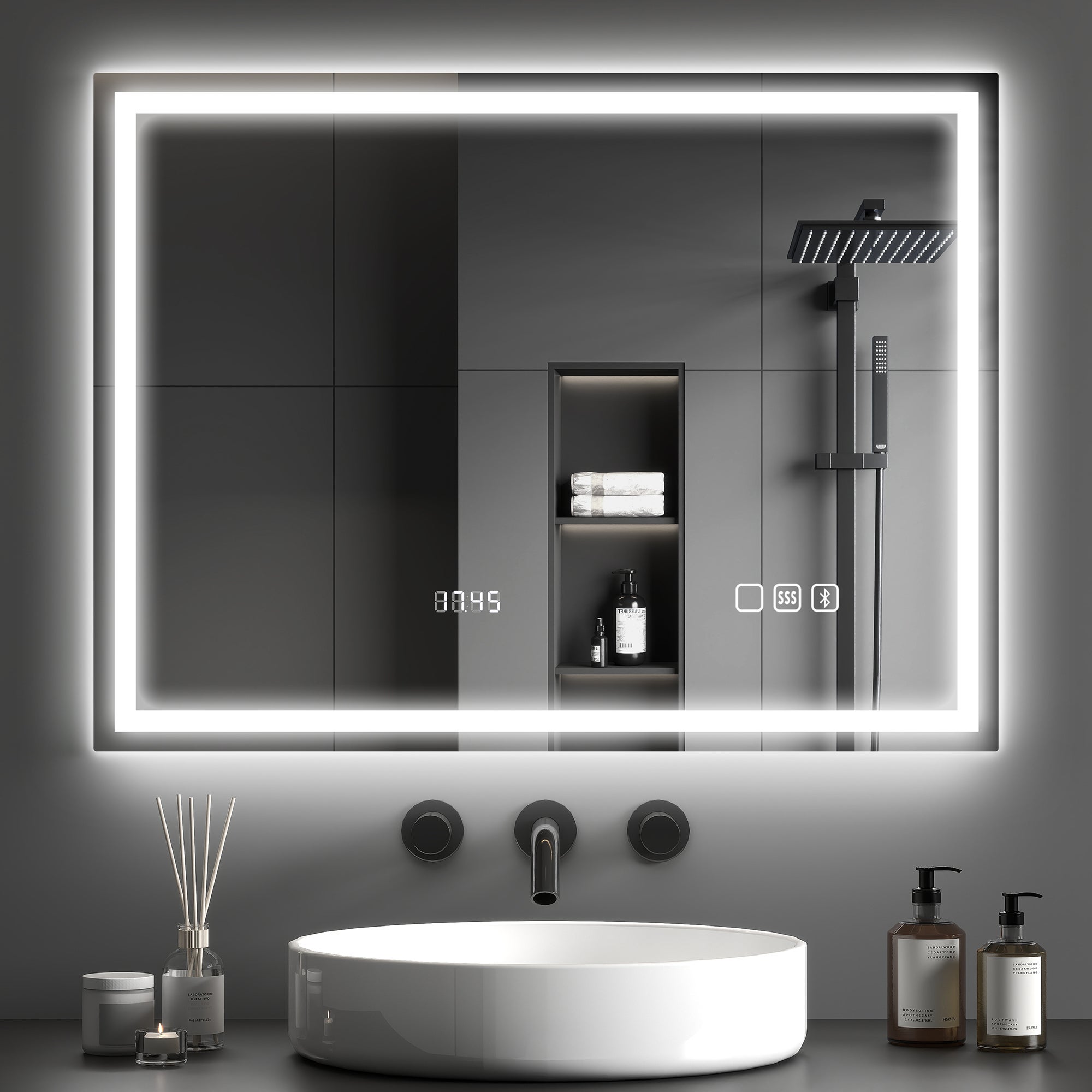 Lustro łazienkowe LED z Bluetooth, 60 x 80 cm, włącznik dotykowy, regulowane światło, 3 kolory, powłoka przeciwmgielna, funkcja pamięci, srebrne