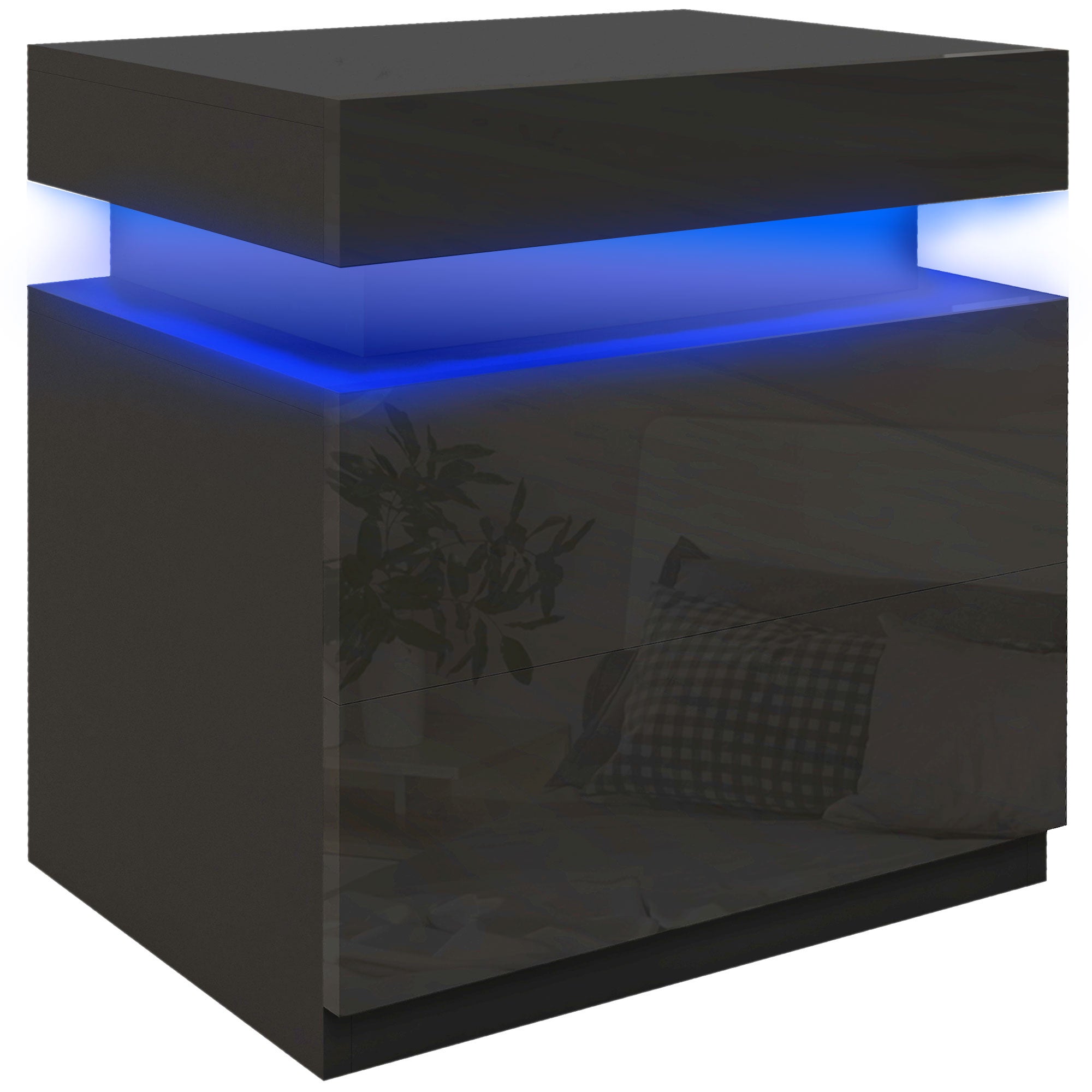 Stolik nocny z oświetleniem LED, 2 szufladami i sterowaniem za pomocą aplikacji, do sypialni lub salonu, 45x35x52 cm, czarny