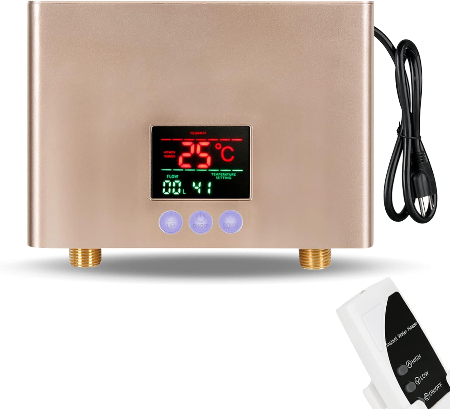 Podgrzewacz wody przepływowy 3000W pod zlewem, 110V, termostatyczny, z pilotem i wyświetlaczem cyfrowym, do kuchni i łazienki (złoty)