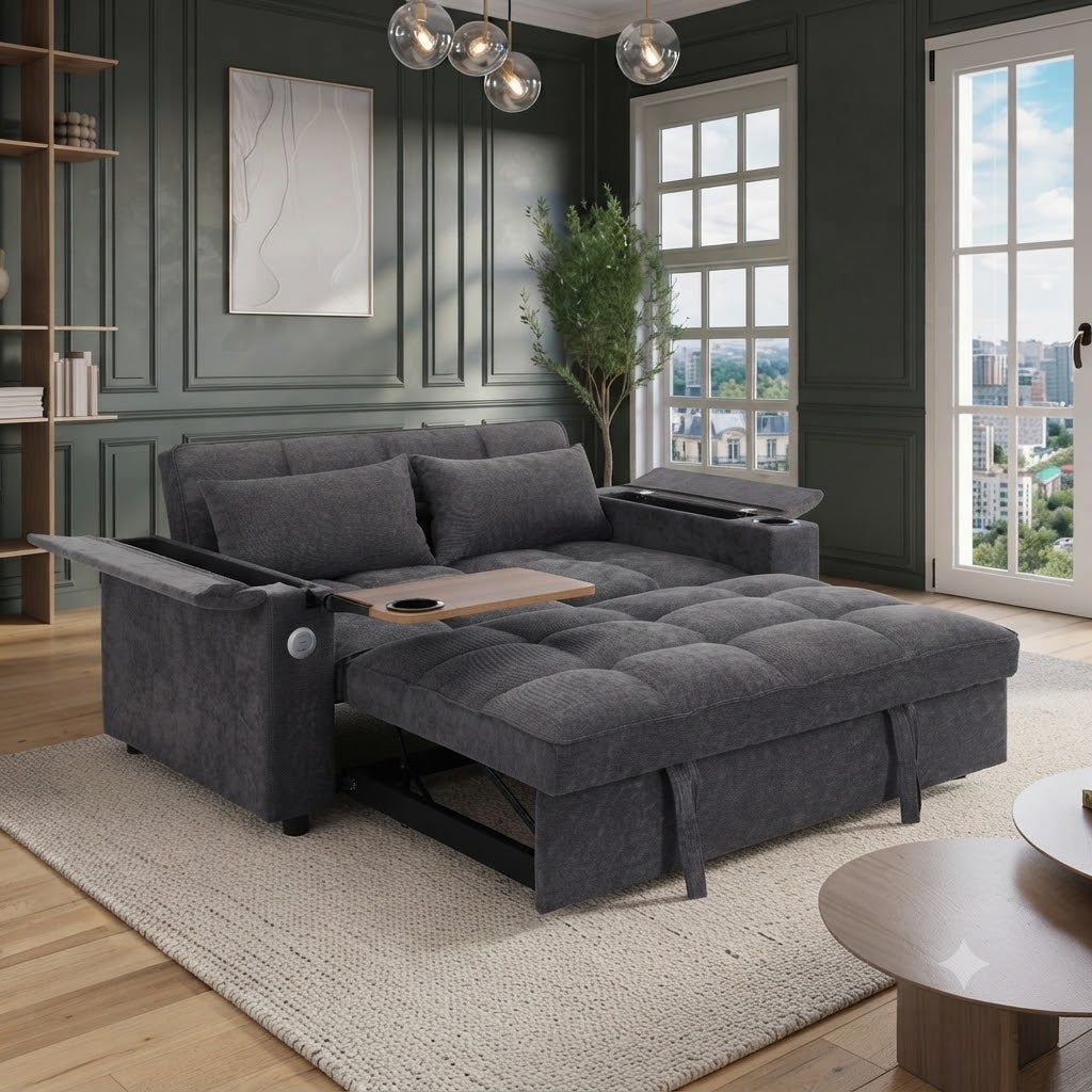 Sofa 2-osobowa rozkładana 140,5x74x82 cm - Regulowane oparcie - Port USB - Uchwyt na kubek - Mały stolik boczny - Szary