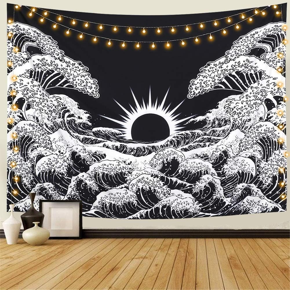 (130 x 150 cm) Mandala, gobelin ścienny, ogromne fale i zachód słońca, czarno-biały, ocean, gobelin ścienny do salonu i sypialni