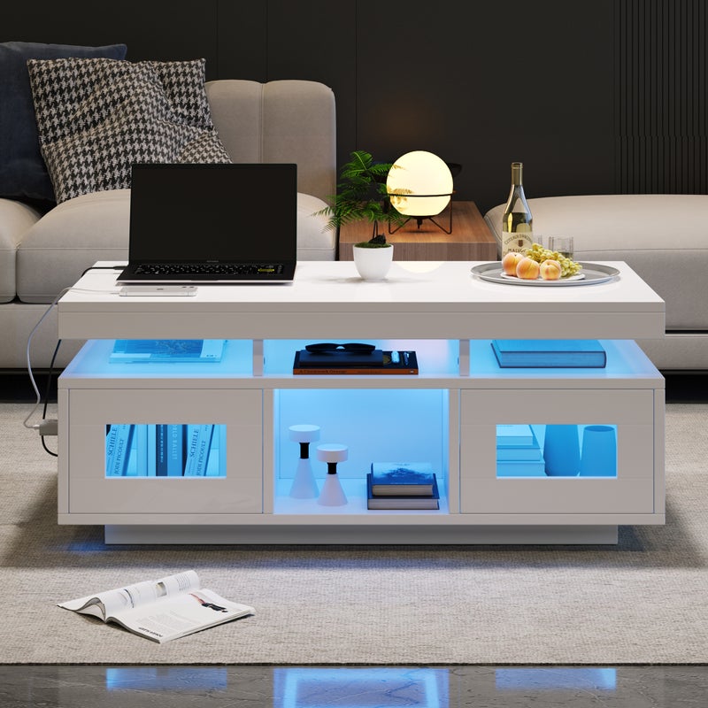 Stół kawowy wysoki połysk 100x50x43cm - z 2 drzwiami - oświetlenie LED - z portem do ładowania i gniazdem - biały