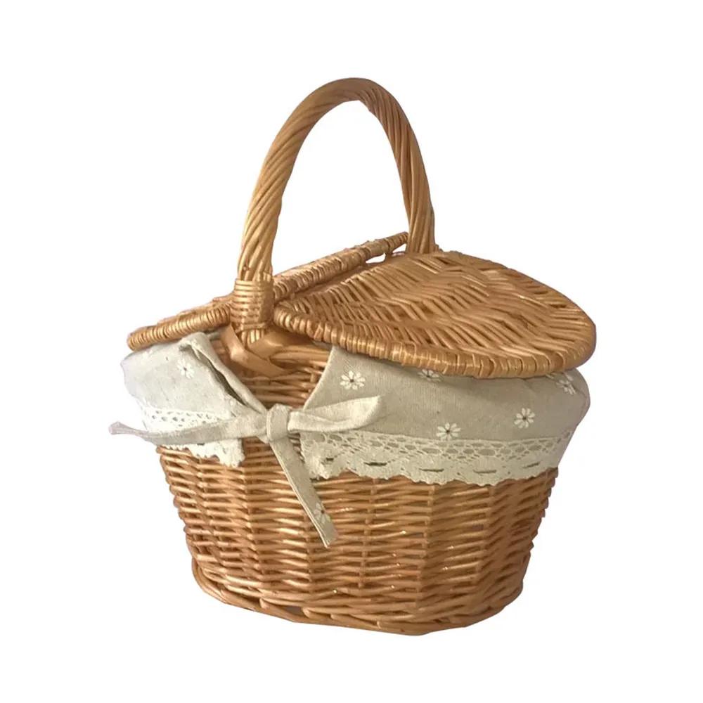 rattan wicker piknik kosz z pokrywka kosz do przechowywania owoc kosz pastoralny styl handmade factory