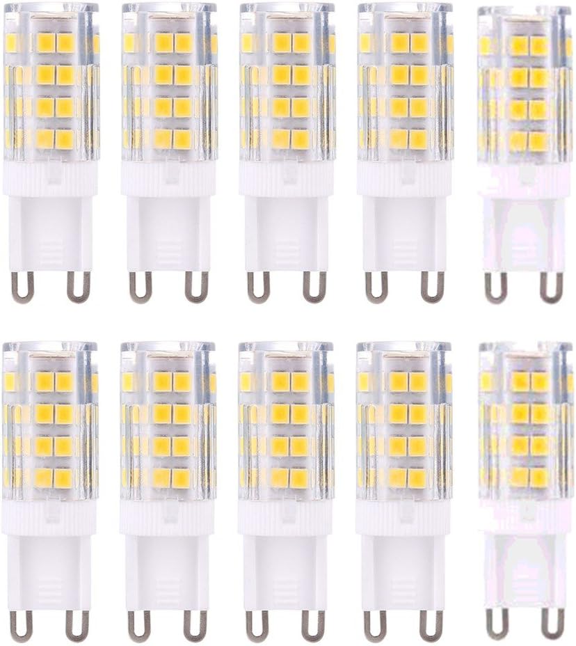 Żarówki LED G9, ciepłe światło 3000K, moc 5 W, odpowiednik żarówek halogenowych 40 W, 420 lumenów; nieściemnialne, opakowanie 10 sztuk.