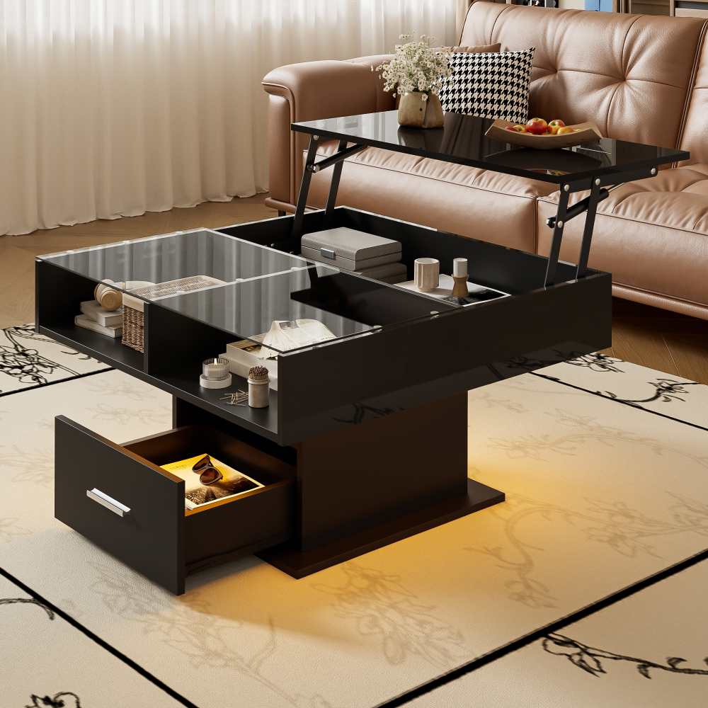 Stolik kawowy z podnoszonym blatem 78x78 cm, regulowana wysokość, oświetlenie LED, schowek – połysk/mat, kompaktowy, do małego salonu/biura