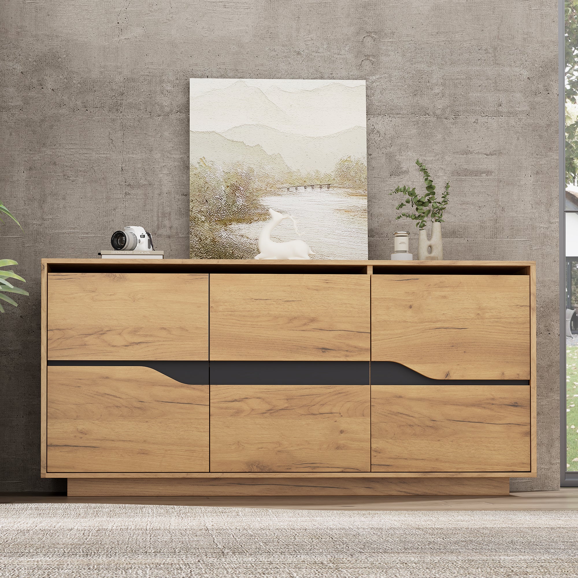 Komoda do przechowywania 140 x 40 x 70 cm, z oświetleniem LED, z regulowanymi półkami, drewno, do kuchni i jadalni