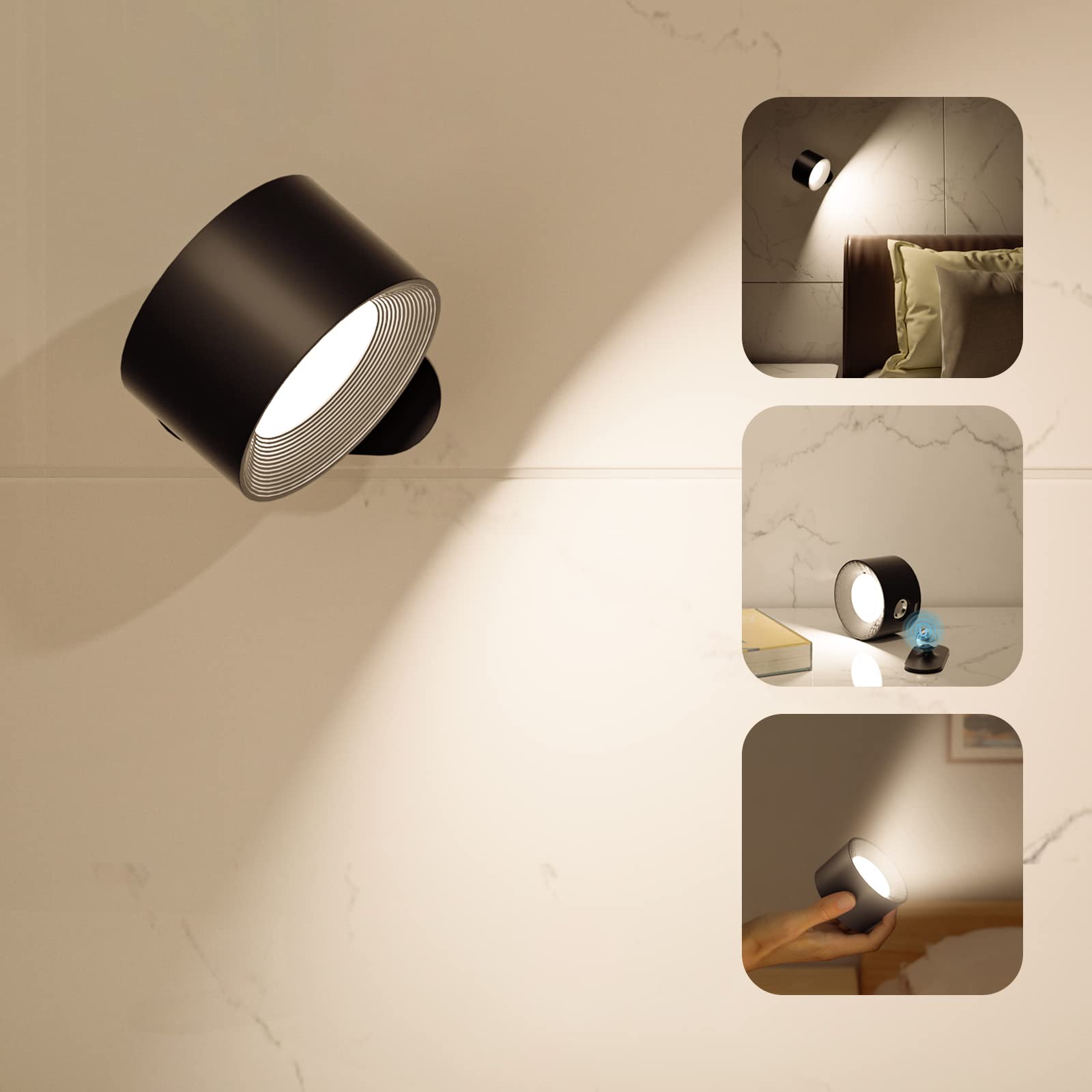 Obrotowa lampa LED 360 °, lampa nocna magnetyczna z 3 temperaturami barwy, lampka do czytania USB o regulowanej intensywności, czarna