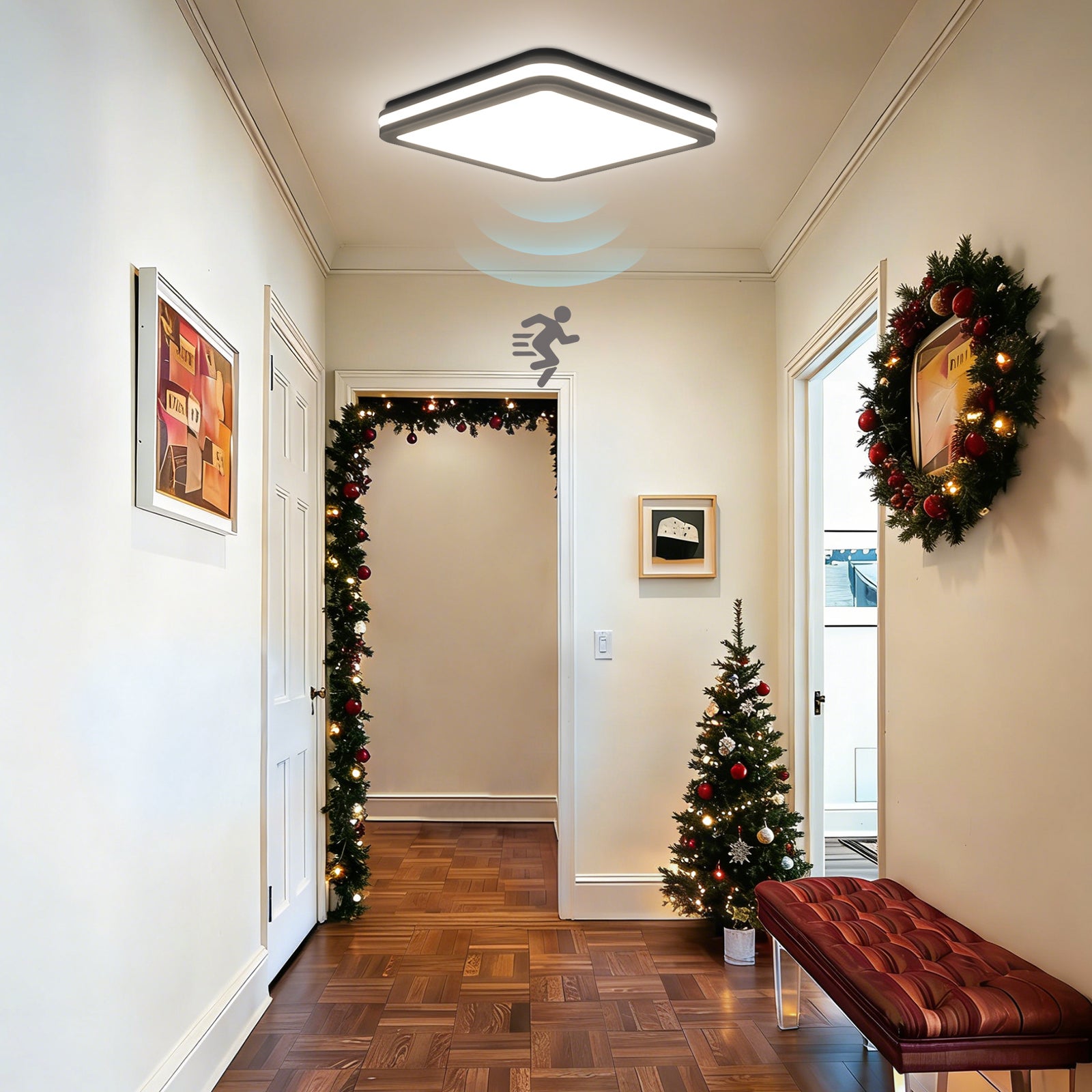 Plafon LED z czujnikiem ruchu 24W 4000K, kwadratowa lampa sufitowa LED 26×26 cm, IP54, do łazienki, przedpokoju i piwnicy, LOVHAUS