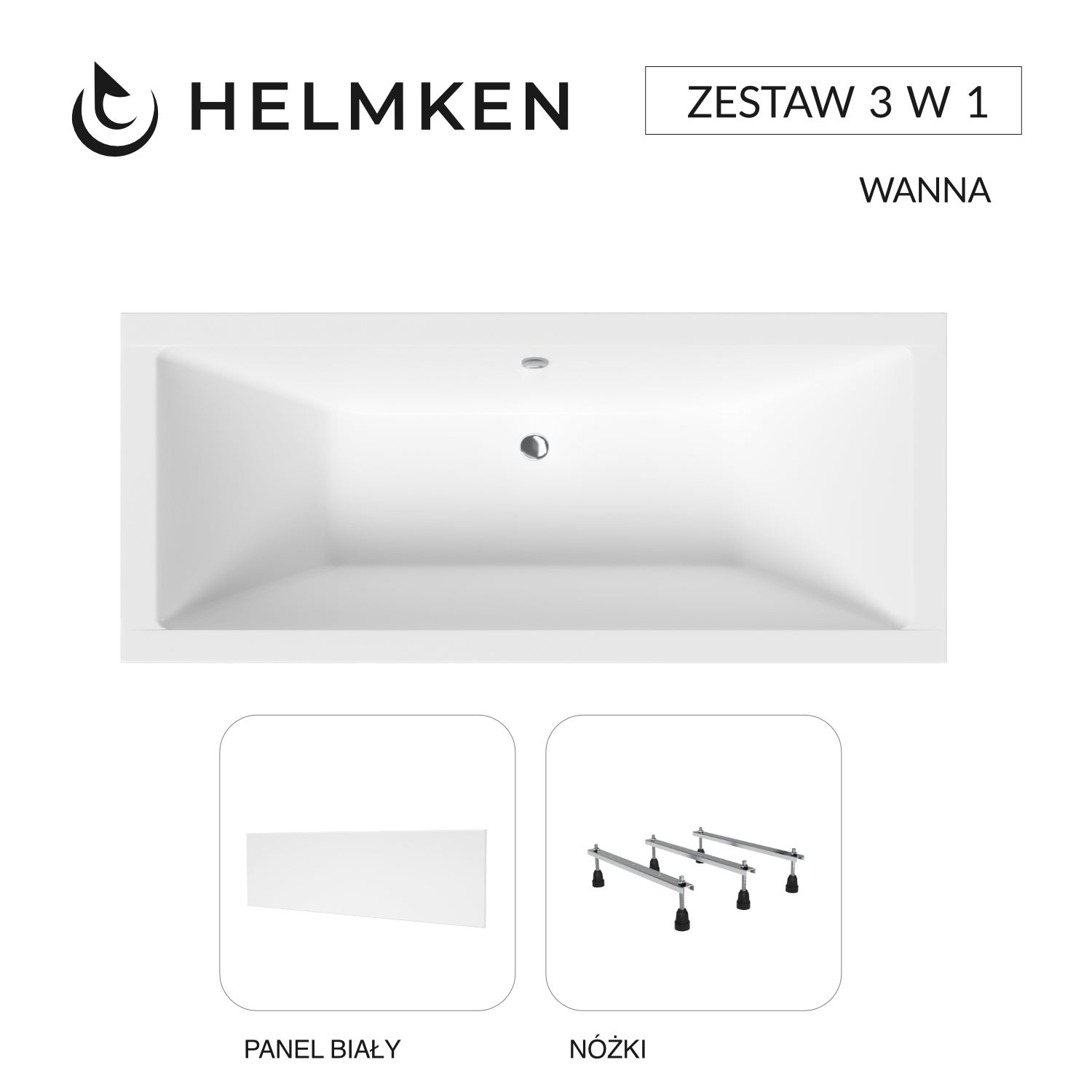 Wanna akrylowa Helmken Alvaro 190 x 90 + Panel biały + Nóżki / 23096006