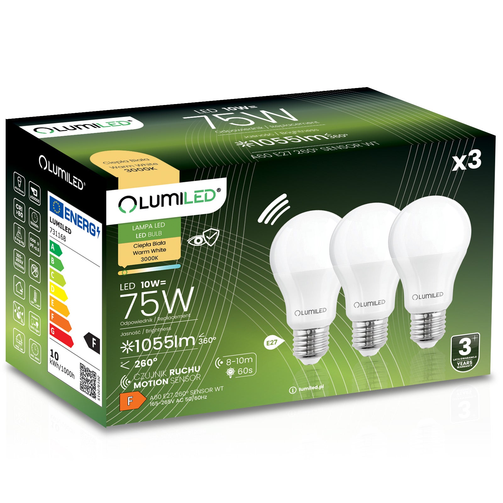 Żarówka LED Lumiled E27 A60 10W 1055lm 3000K Ciepła biel 260st 3 szt.