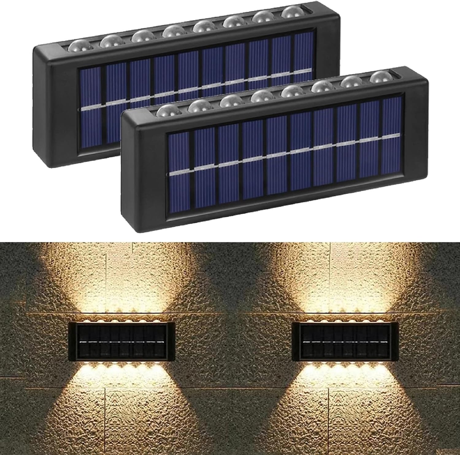 Zestaw 2 lamp solarnych ściennych z 16 diodami LED (światło góra/dół), wodoodpornych, ciepłobiałych, do ogrodzenia, czarne oświetlenie solarne