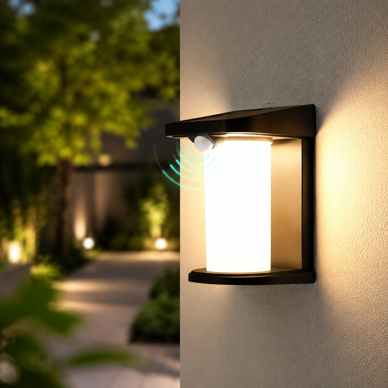 NETTLIFE Lampa Solarna Ścienna z Czujnikiem Ruchu, 3000K Ciepła Biel, IP65 Wodoodporna, 2 Tryby, Kinkiet LED do Ogrodu, Podwórka, Schodów, Drzwi