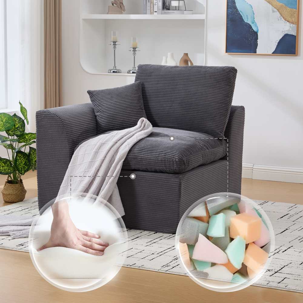 Nowoczesna, minimalistyczna sofa jednoosobowa z poduszkami – wygodna, miękka i trwała, wykonana z wysokiej jakości prążkowanej tkaniny