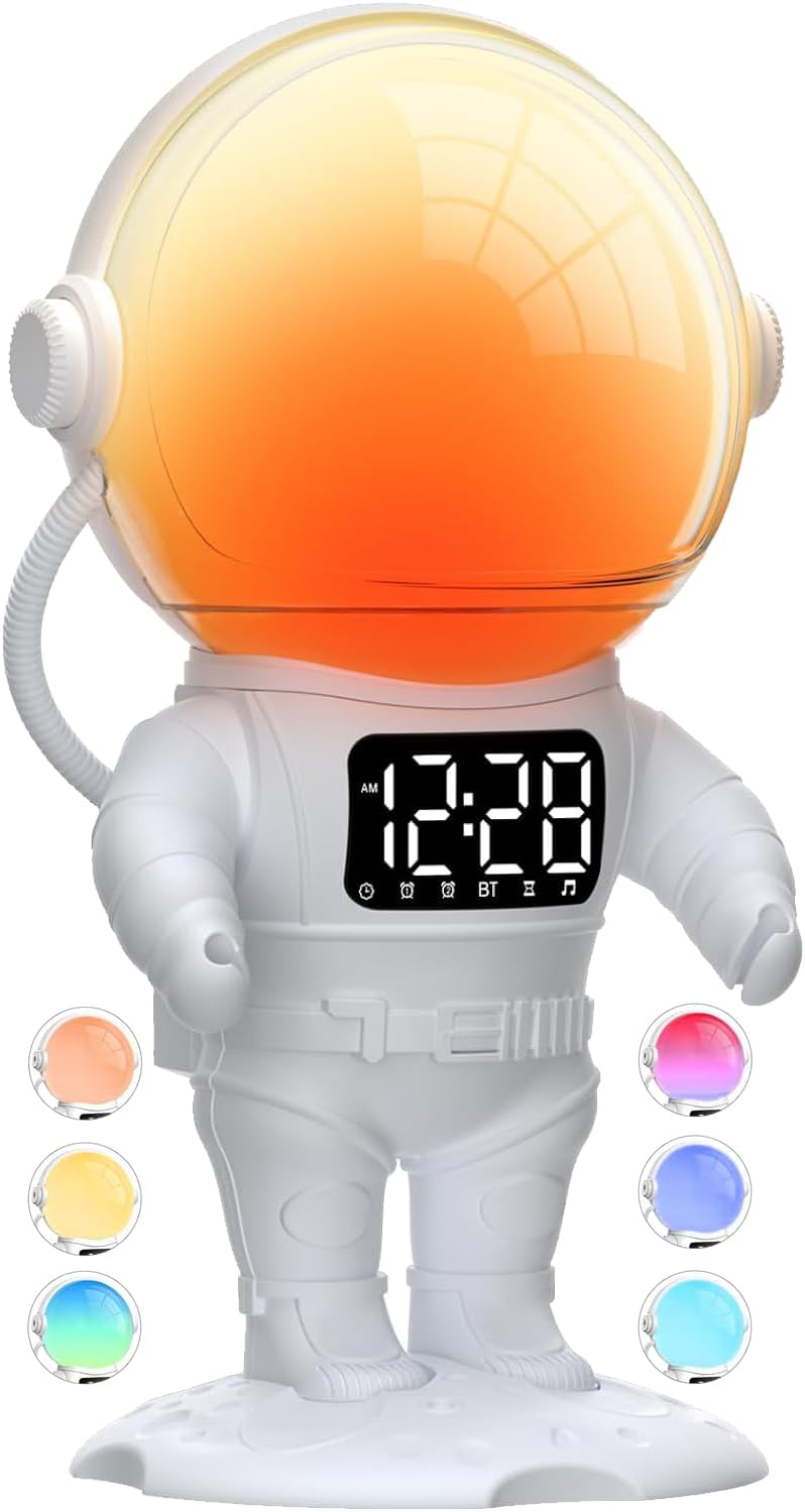 Budzik z symulatorem wschodu słońca, głośnikiem Bluetooth, 7 dzwonkami, 21 dźwiękami do snu, kolorami światła, funkcją drzemki, timerem, kształtem ast