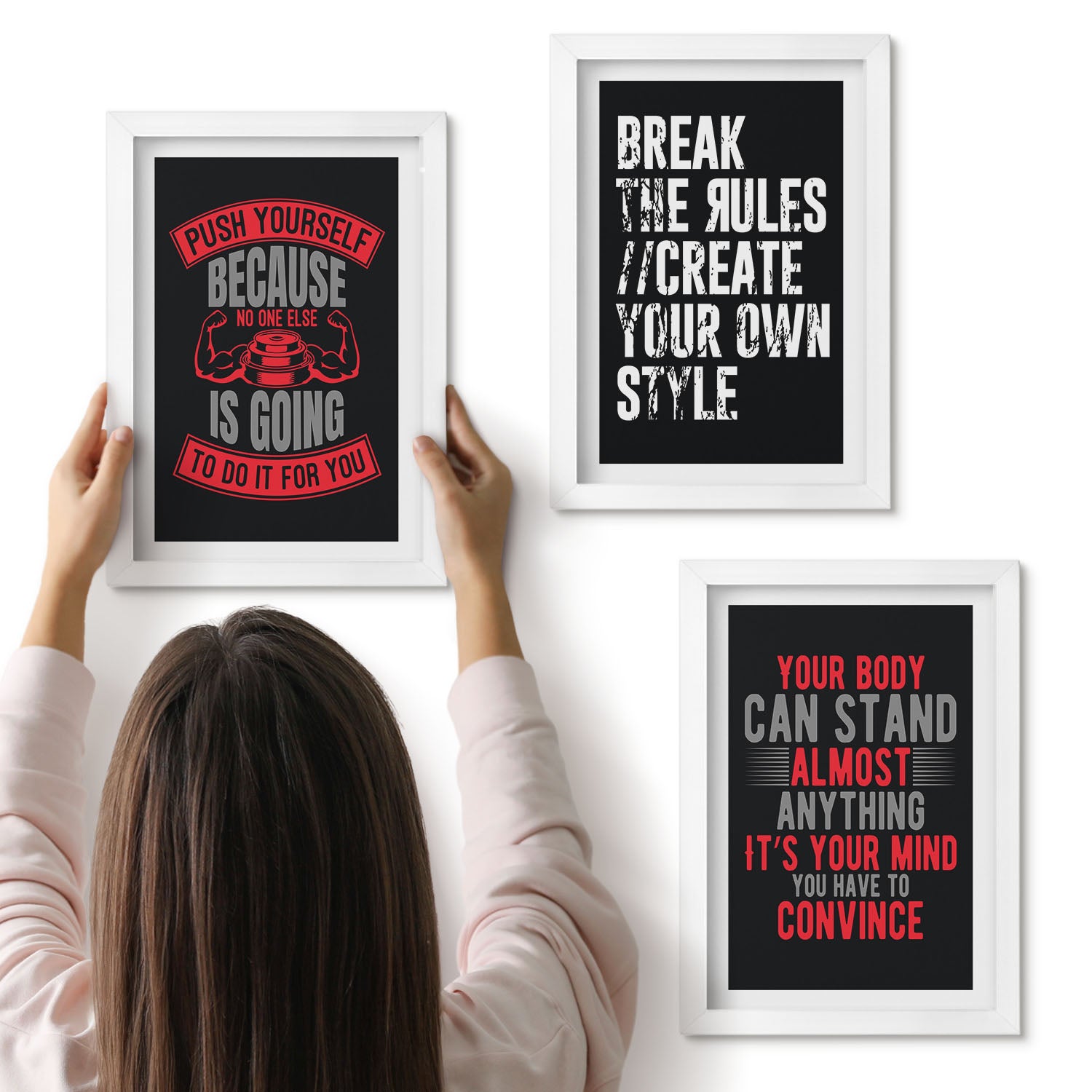 Galeria ścienna 3-częściowy komplet obrazów w białych ramach - Motywacja do treningu i samorozwoju hasła - ArtPrintCave