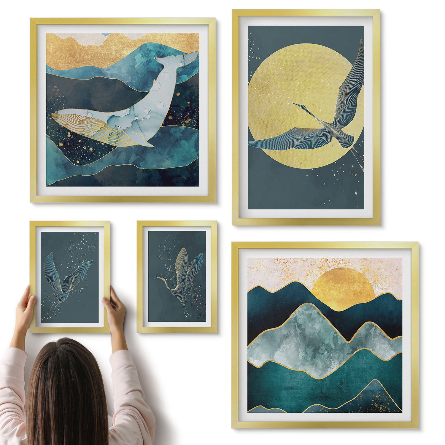 Galeria ścienna 5-częściowy komplet obrazów w złotych ramach - Ptaki w locie i górskie krajobrazy w stylu nowoczesnym - ArtPrintCave