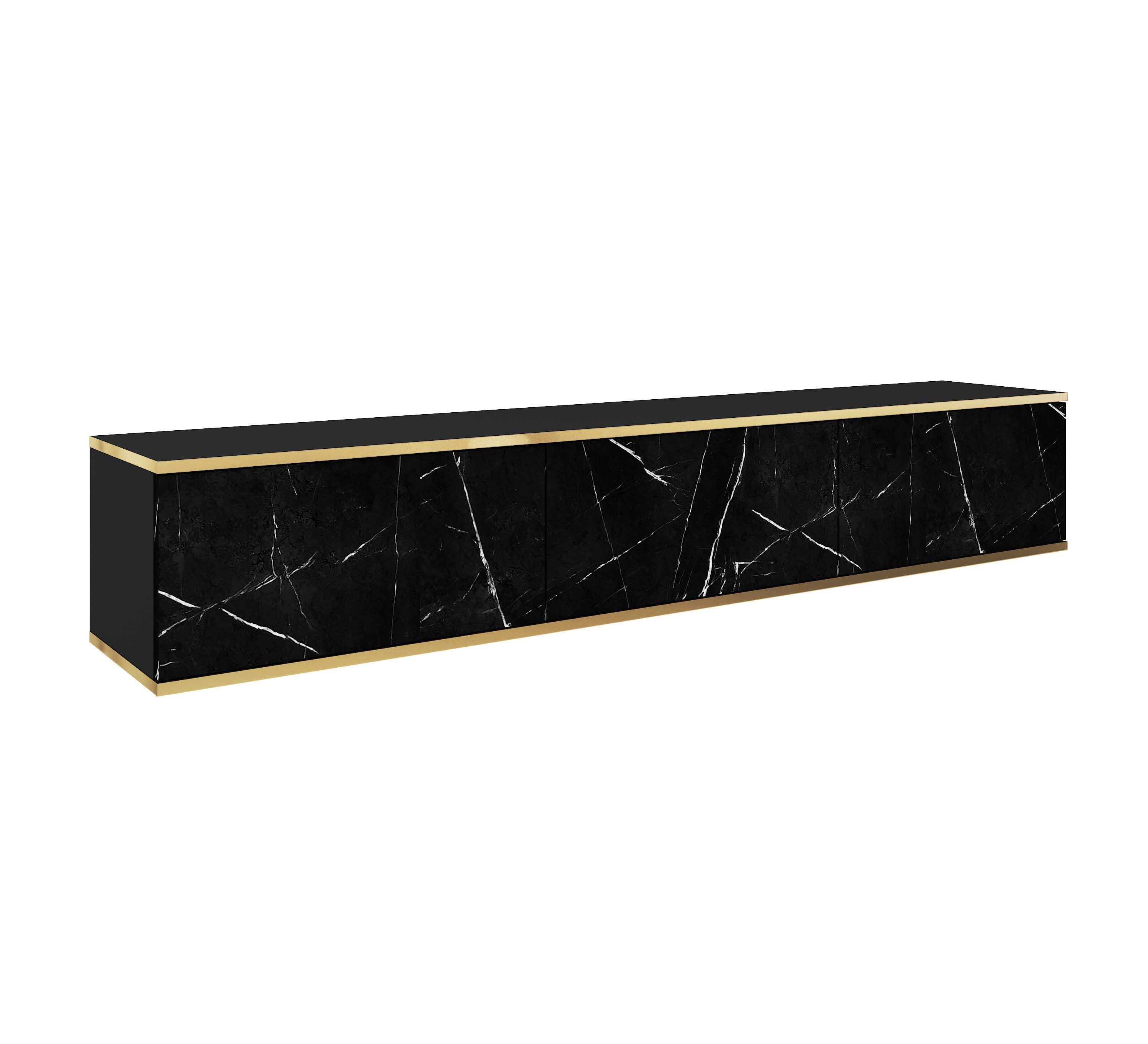 Szafka RTV, matowa czerń / Royal Black Marble, 175 x 30 x 32 cm, otwierany na naciśnięcie
