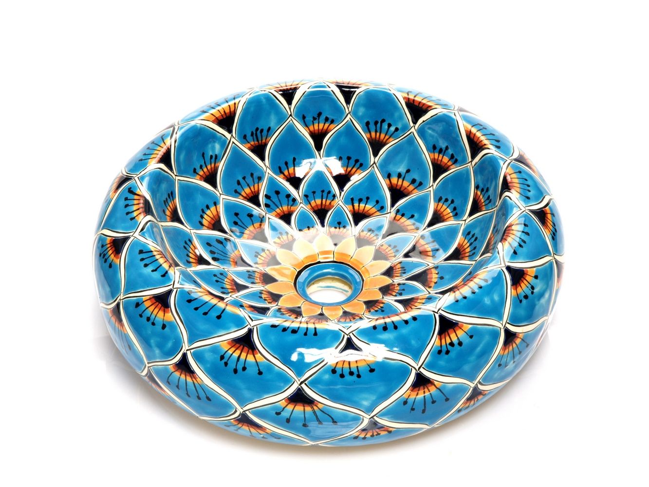Meksykańska ceramiczna umywalka Azura do montażu na blacie – okrągła umywalka łazienkowa 40 x 13,5 cm | Ręcznie wykonana umywalka z motywami Talavera