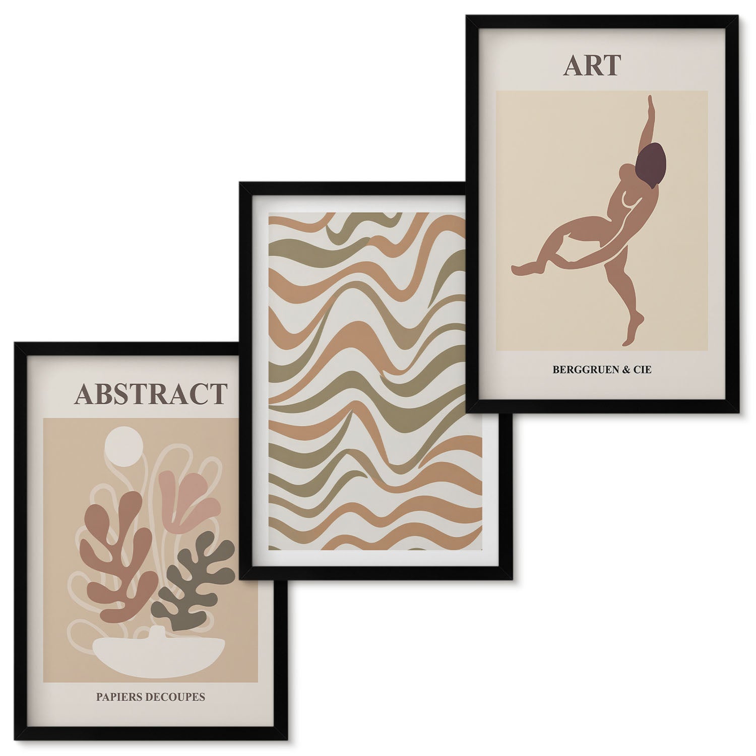 Zestaw obrazów w ramie - 3 części | Abstrakcyjne kształty i wzory Matisse boho | Czarna ramka