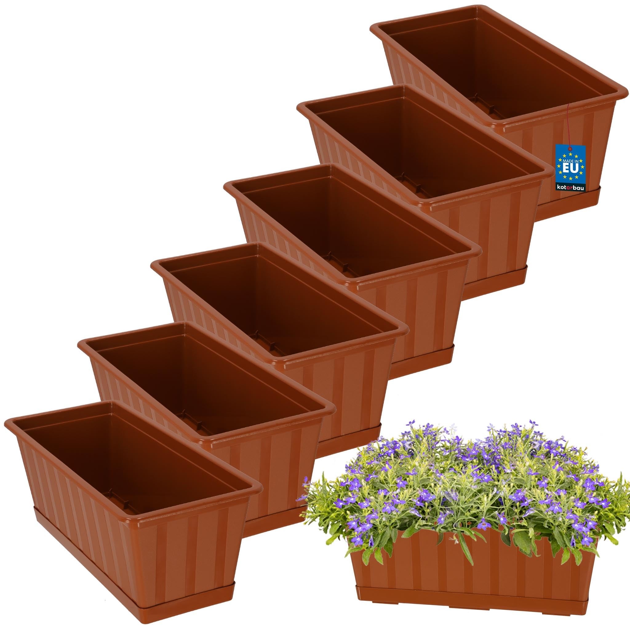 6 szt. Doniczka - Skrzynka Balkonowa - 40 x 18 x 14 cm - Skrzynia na Balustradę Balkon - Donica z Podstawką - Terakota KOTARBAU