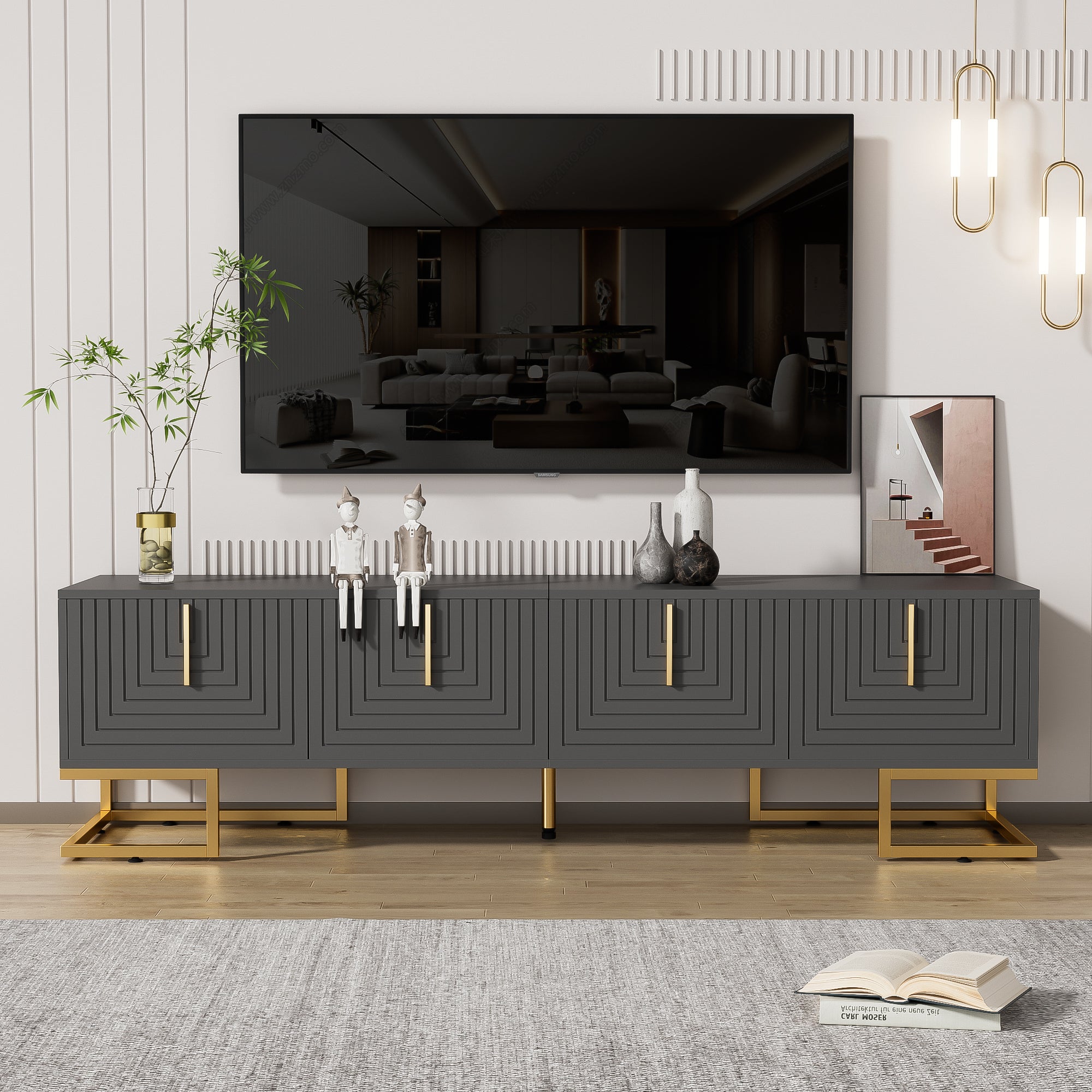 Szafa TV Lowboard z strukturowanymi drzwiami, złotymi uchwytami i nogami, 170x40x45,5 cm