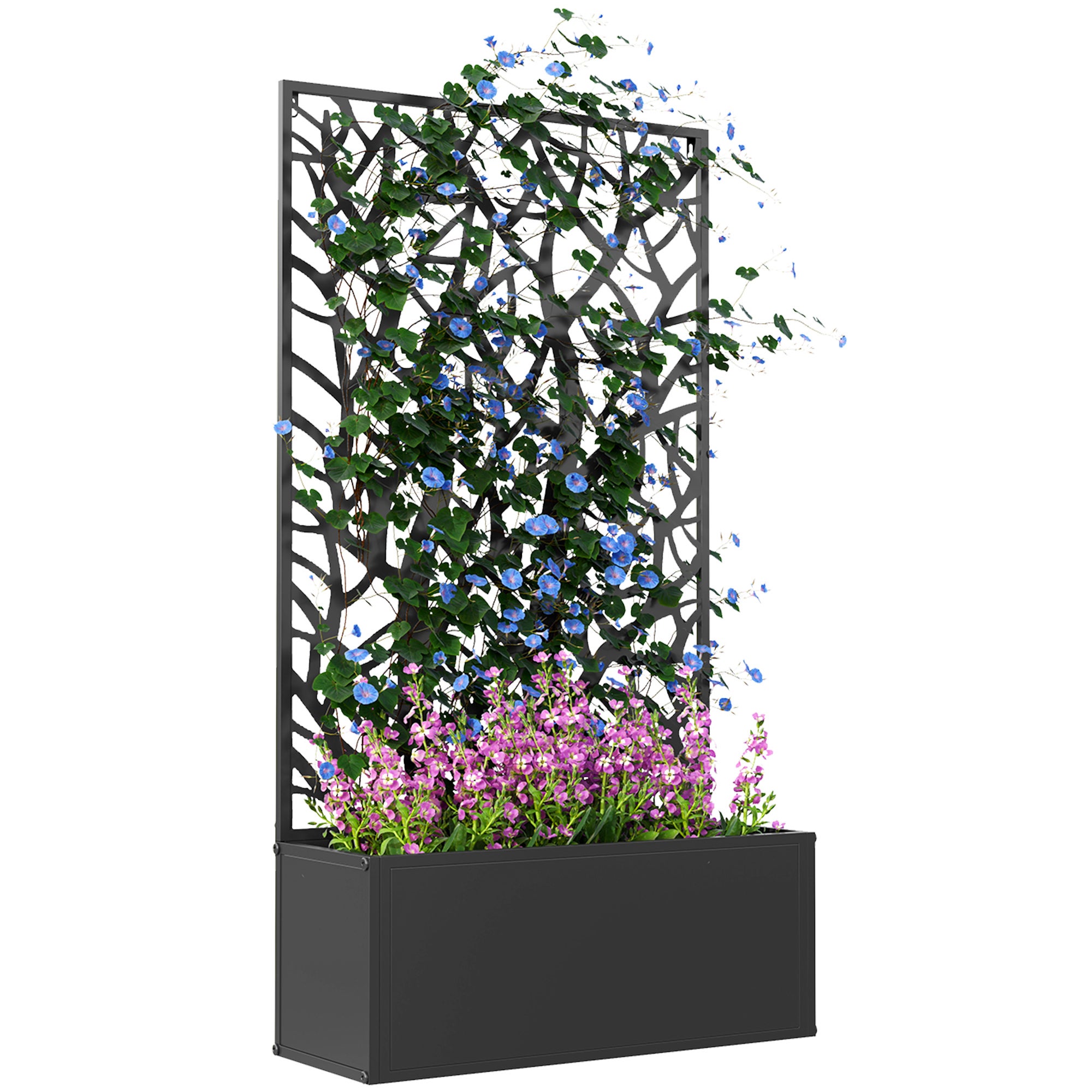 Podwyższona donica z ozdobnym metalowym panelem chroniącym gałęzie i możliwością montażu na ścianie, 61 x 23 x 113 cm, czarna
