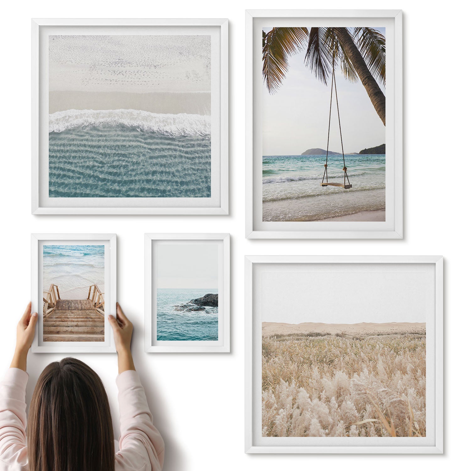 Galeria ścienna 5-częściowy komplet obrazów w białych ramach - Relaksujące widoki nadmorskie z plażą i falami - ArtPrintCave