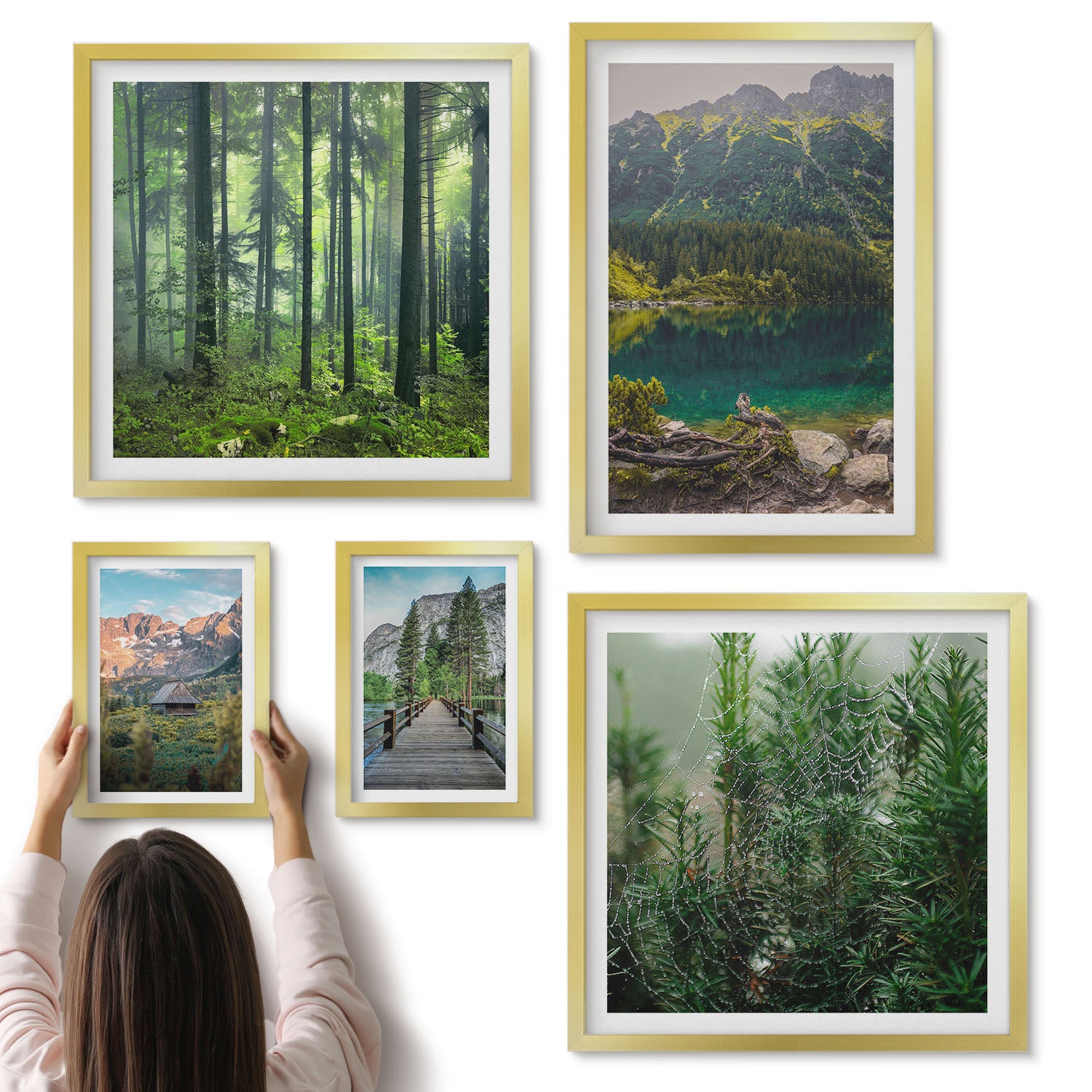 Galeria ścienna 5-częściowy komplet obrazów w złotych ramach - Krajobrazy natury z górskimi widokami i lasami - ArtPrintCave