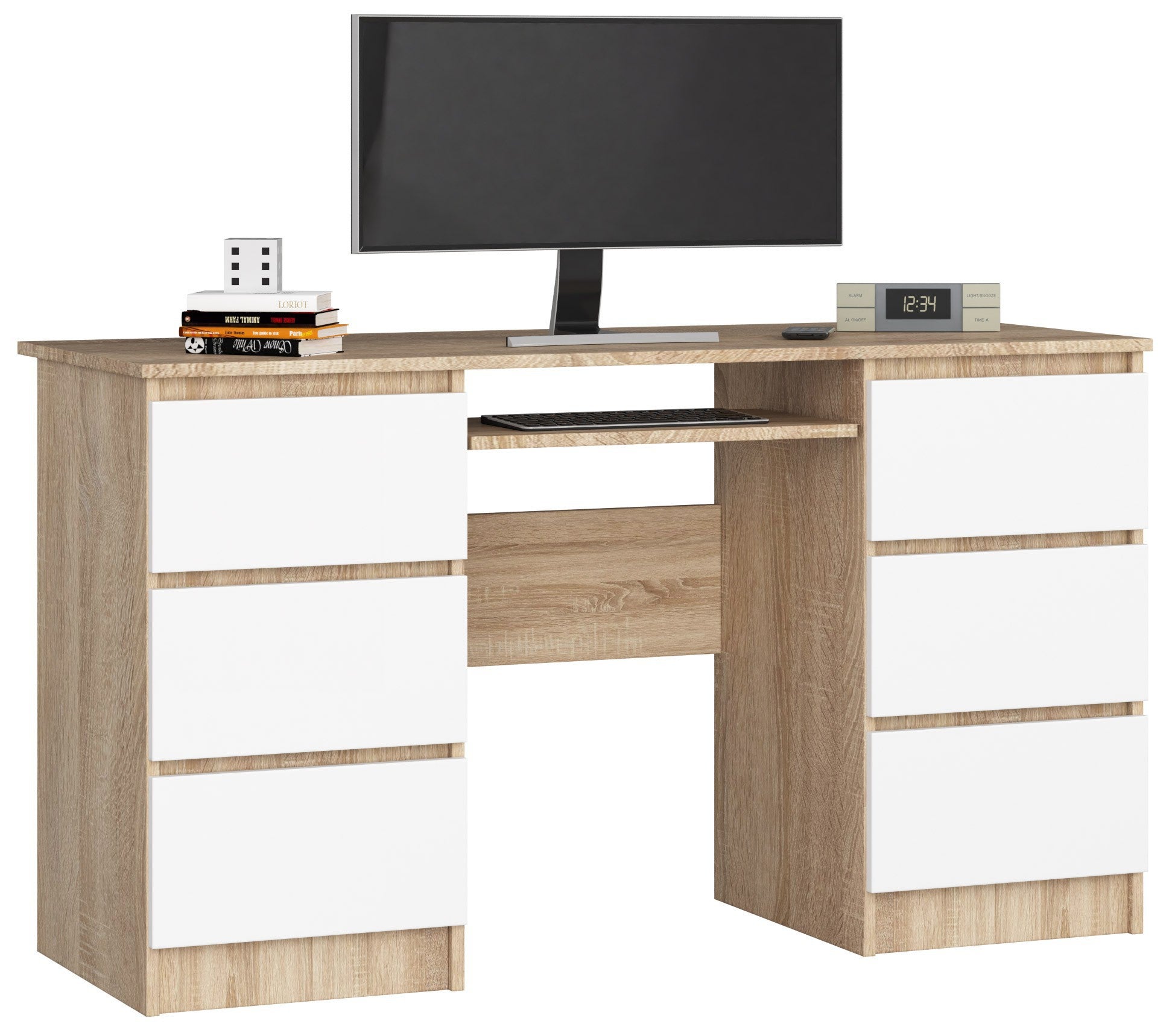 Biurko komputerowe AKORD A11 Dąb Sonoma 135 cm 6 szuflad kolor Biały mat 135x50x77 cm