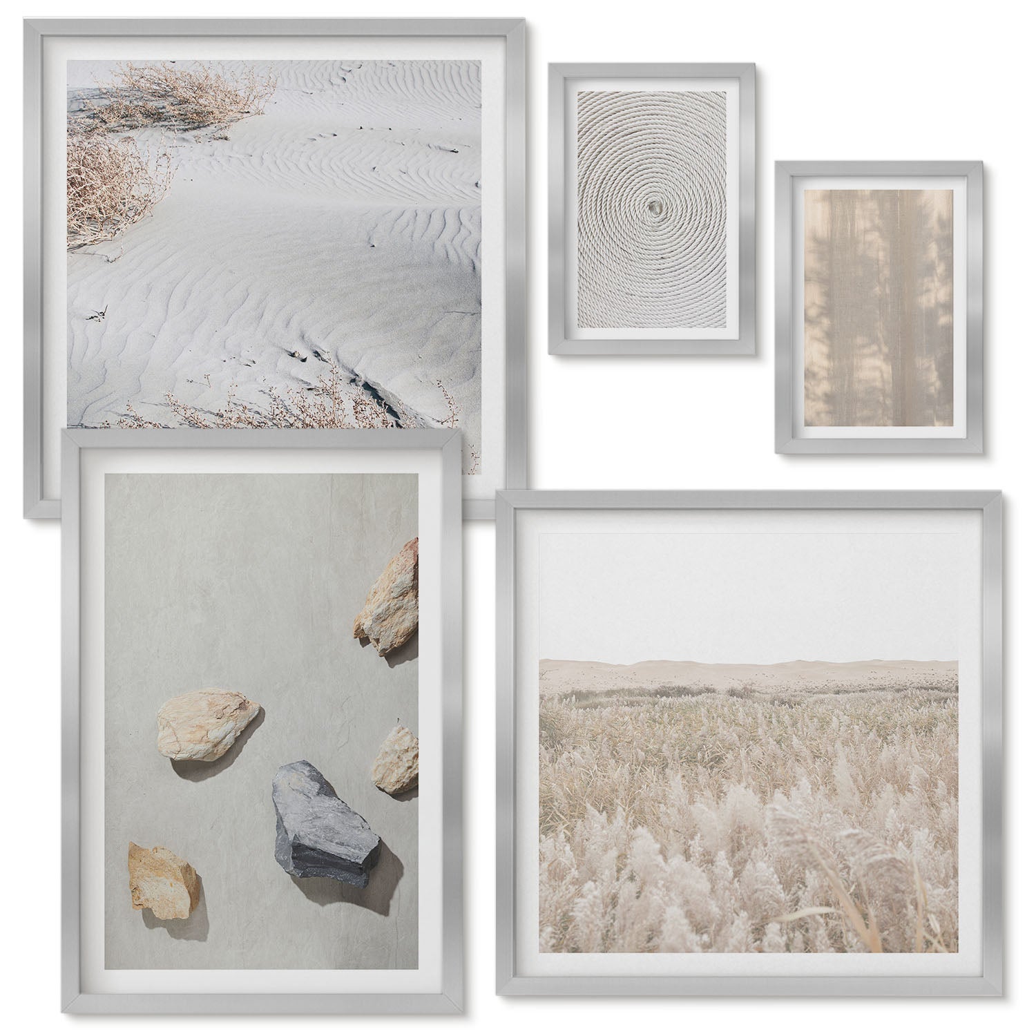 Zestaw obrazów w ramie - 5 części | Boho tekstury naturalne struktury | Srebrna ramka