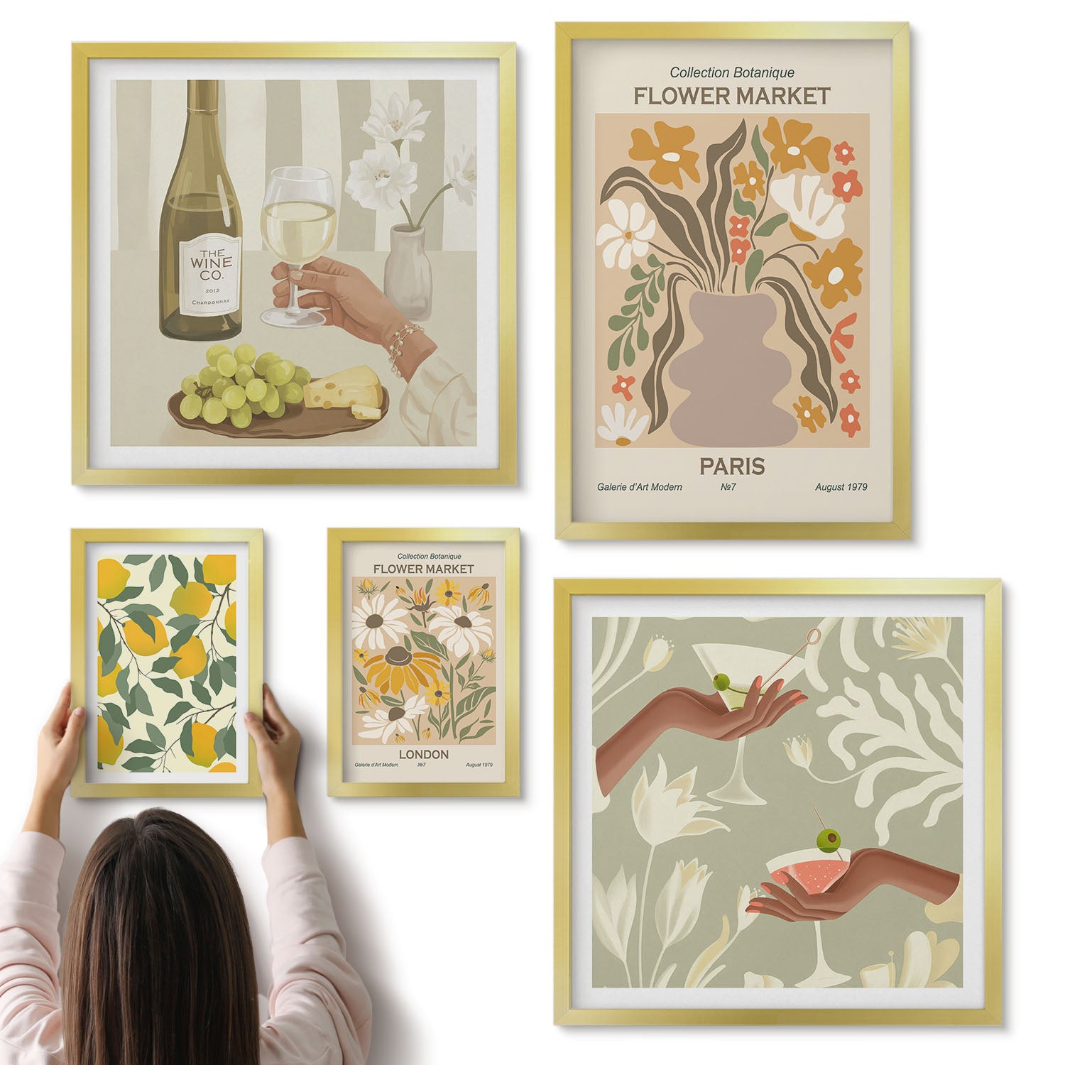 Galeria ścienna 5-częściowy komplet obrazów w złotych ramach - Kwiatowe rynki i owocowe akcenty w stylu vintage - ArtPrintCave