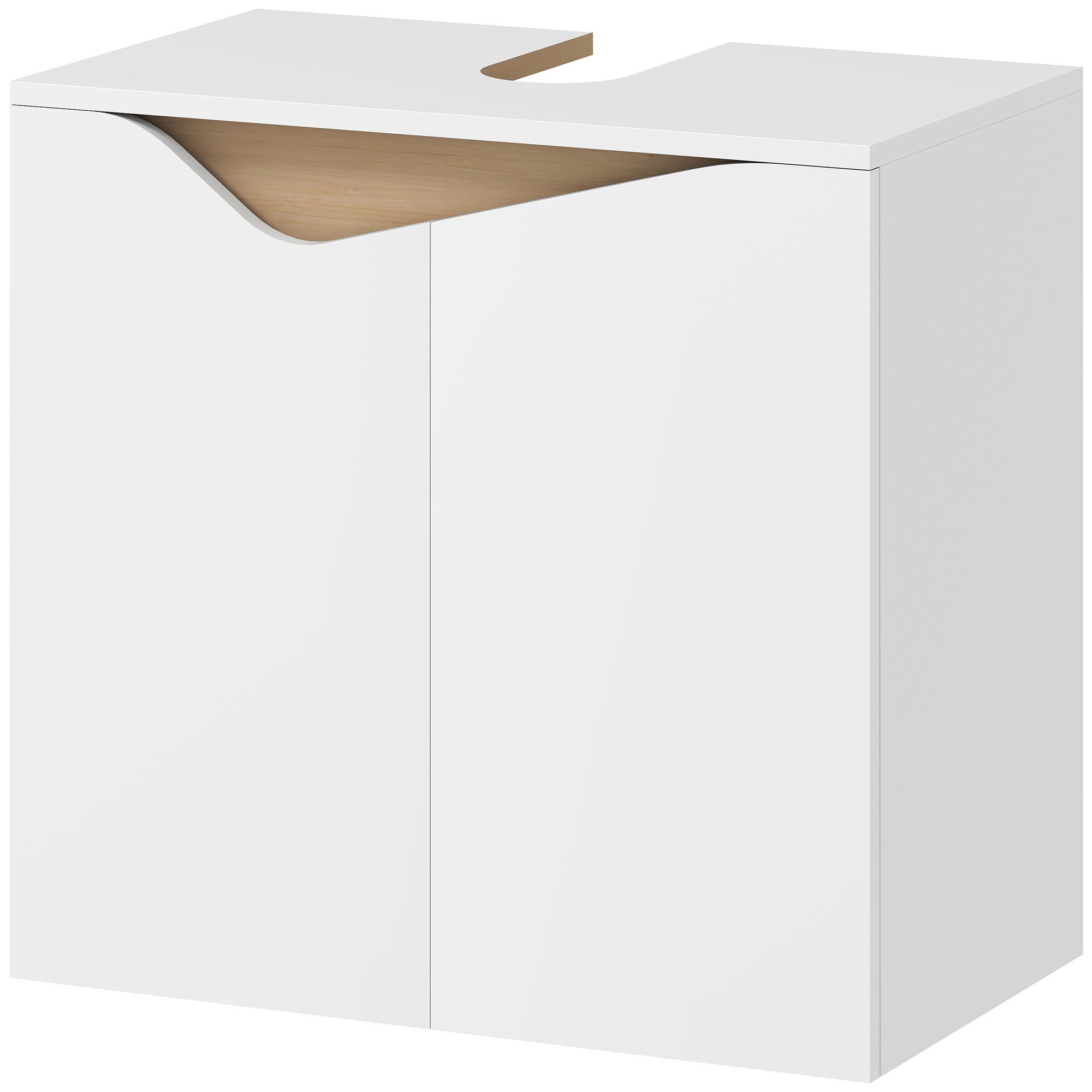 Szafka pod umywalkę, szafka łazienkowa z 2 drzwiami z cichym domykiem, 60 x 35 x 57,9 cm, kolor biały i naturalne drewno