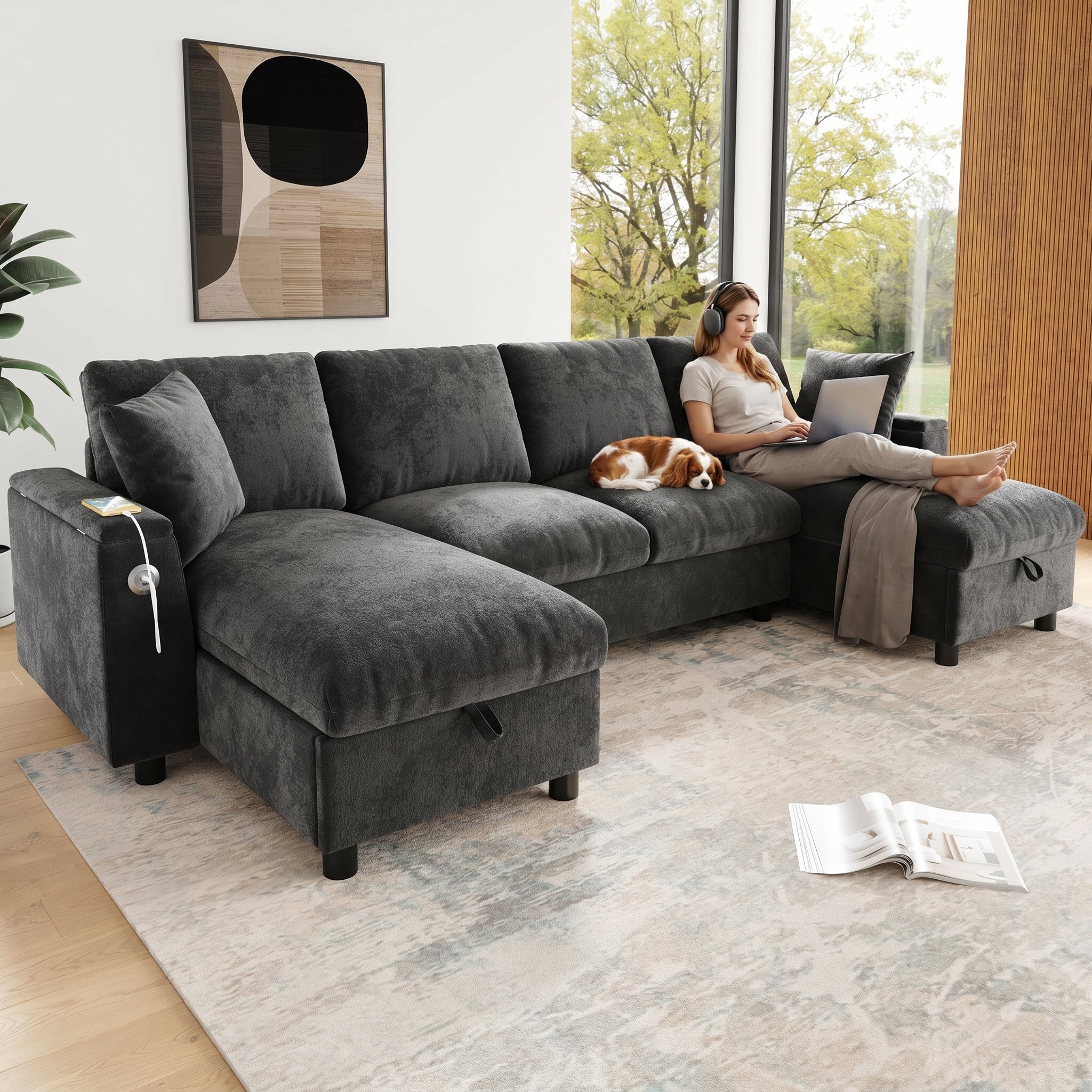 Sofa 4/5-osobowa z szezlongiem, schowkiem i portem USB-C – 284 x 135 x 84 cm – szenil, lite drewno i metal – szara