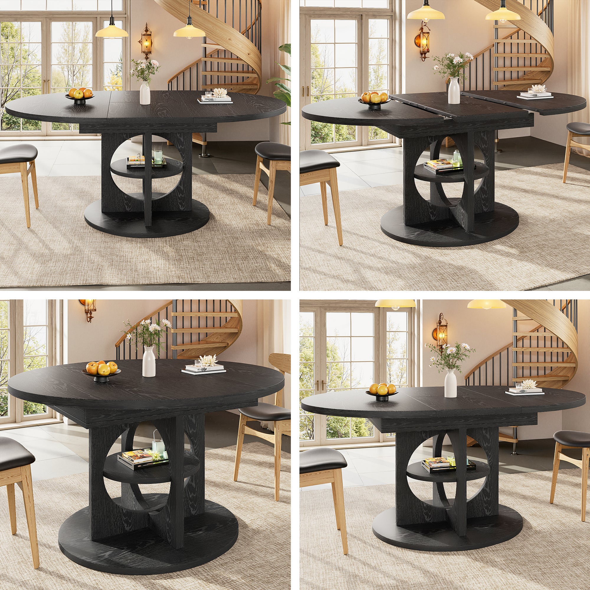 Okrągły/owalny rozkładany stół jadalny z centralnym schowkiem i ażurową podstawą - MDF - 110-150 x 110 x 76 cm - Czarny