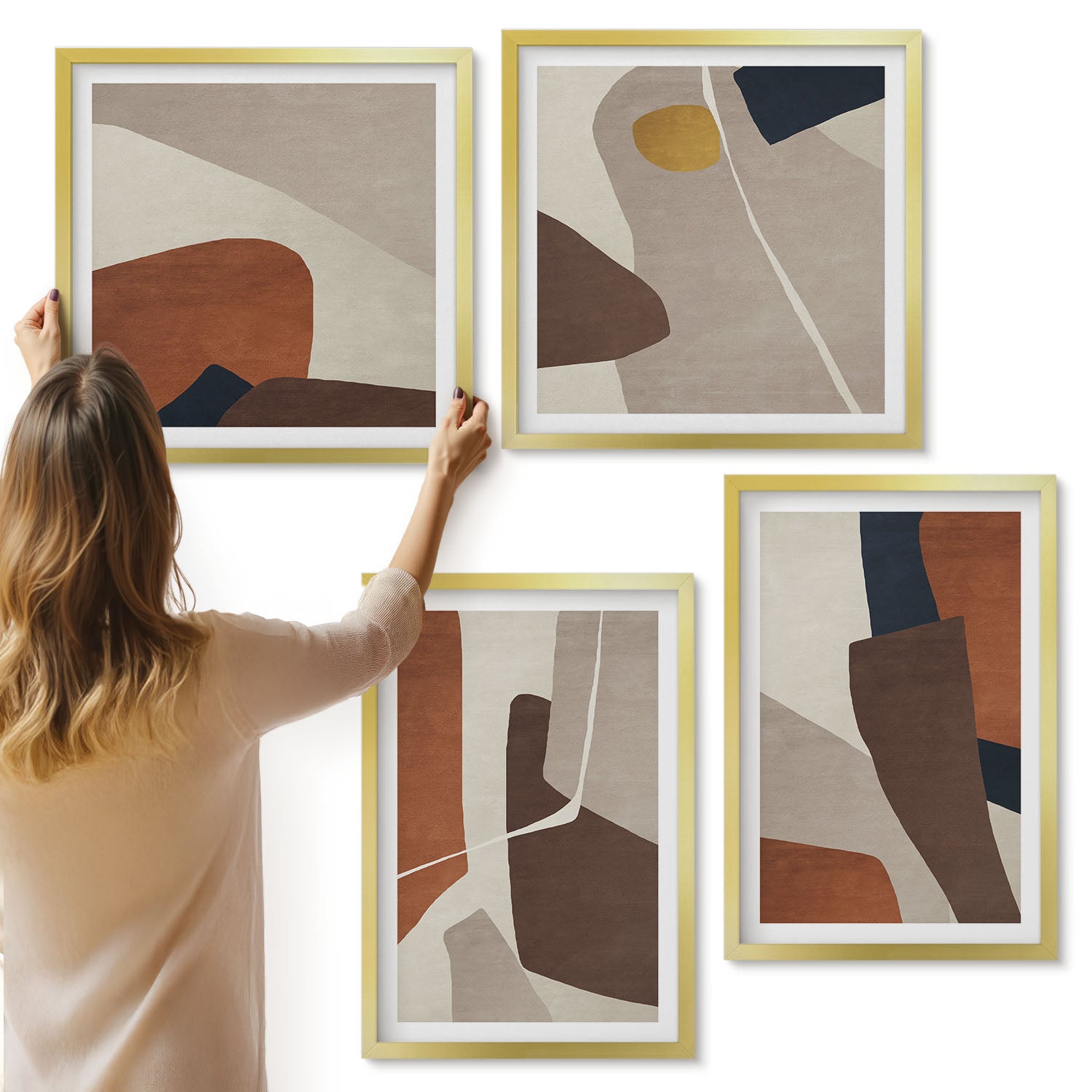Galeria ścienna 4-częściowy komplet obrazów w złotych ramach - Abstrakcja kształtów struktury w nowoczesnym stylu - ArtPrintCave