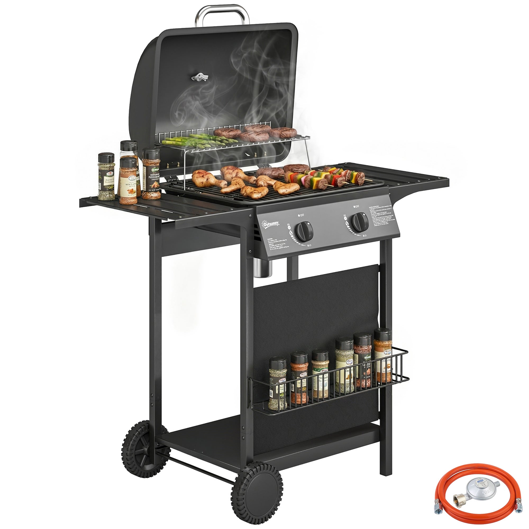 Grill gazowy z 2 palnikami, 5 kW, termometr, stoliki boczne, półka, podgrzewacz, stojak, 2 kółka, czarny