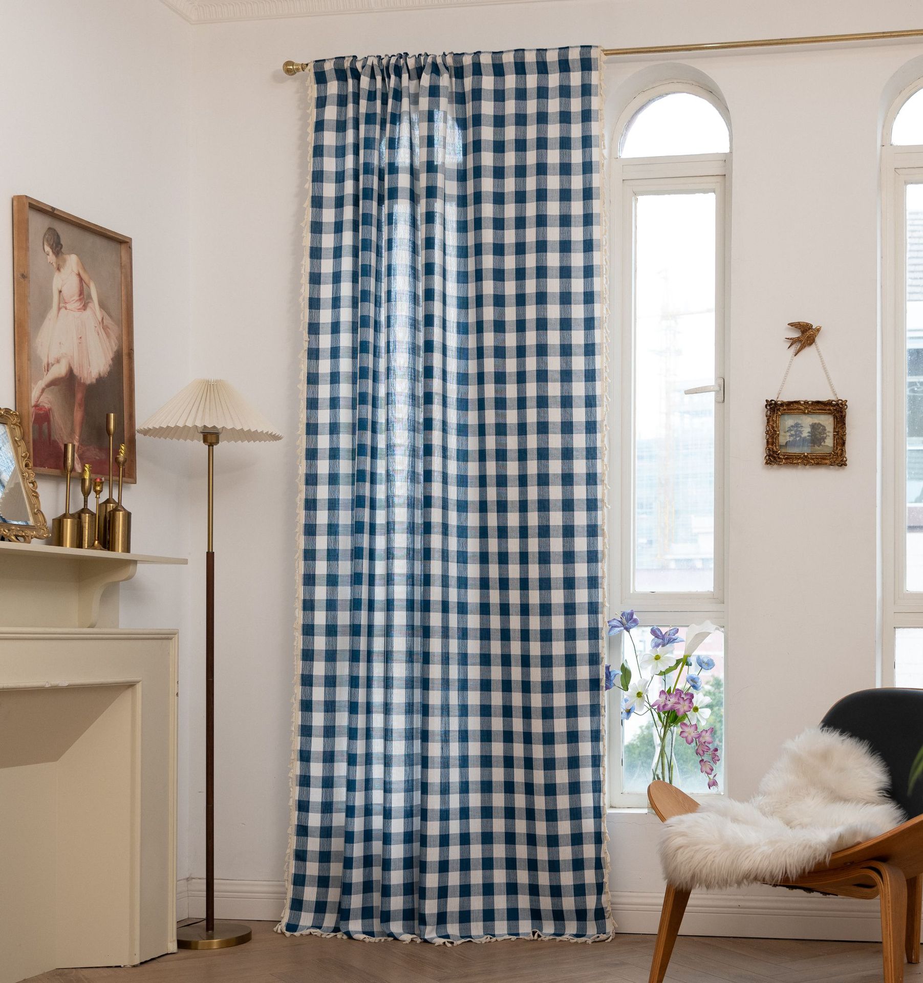 Zasłony w kratkę, zasłony z frędzlami, zasłony półzaciemniające (1 sztuka, wys. 200 cm * szer. 140 cm, kolor niebieski)